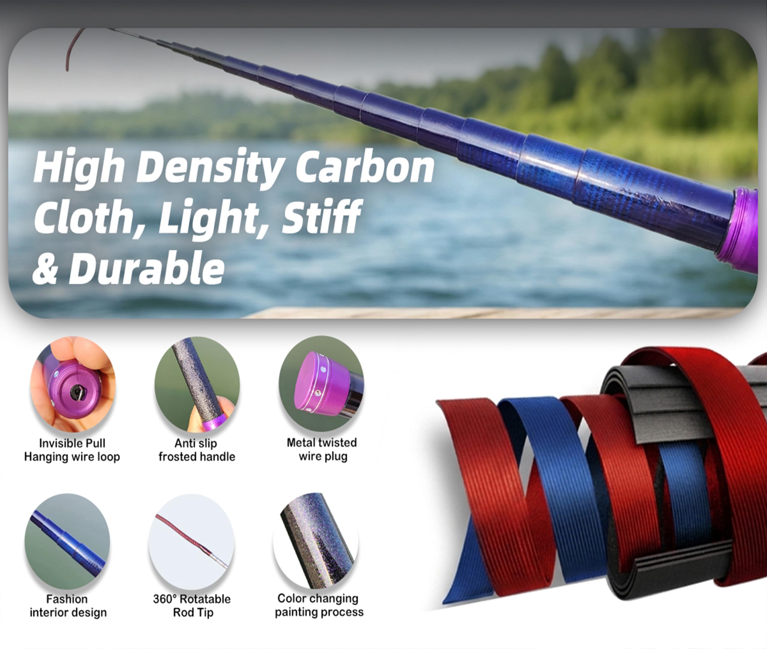 Canne à pêche télescopique en fibre de carbone de 8 m - Portable et ultra légère - Canne à pêche Tenkara - Canne à pêche pliable - Kit complet de poche - Canne à pêche en bambou