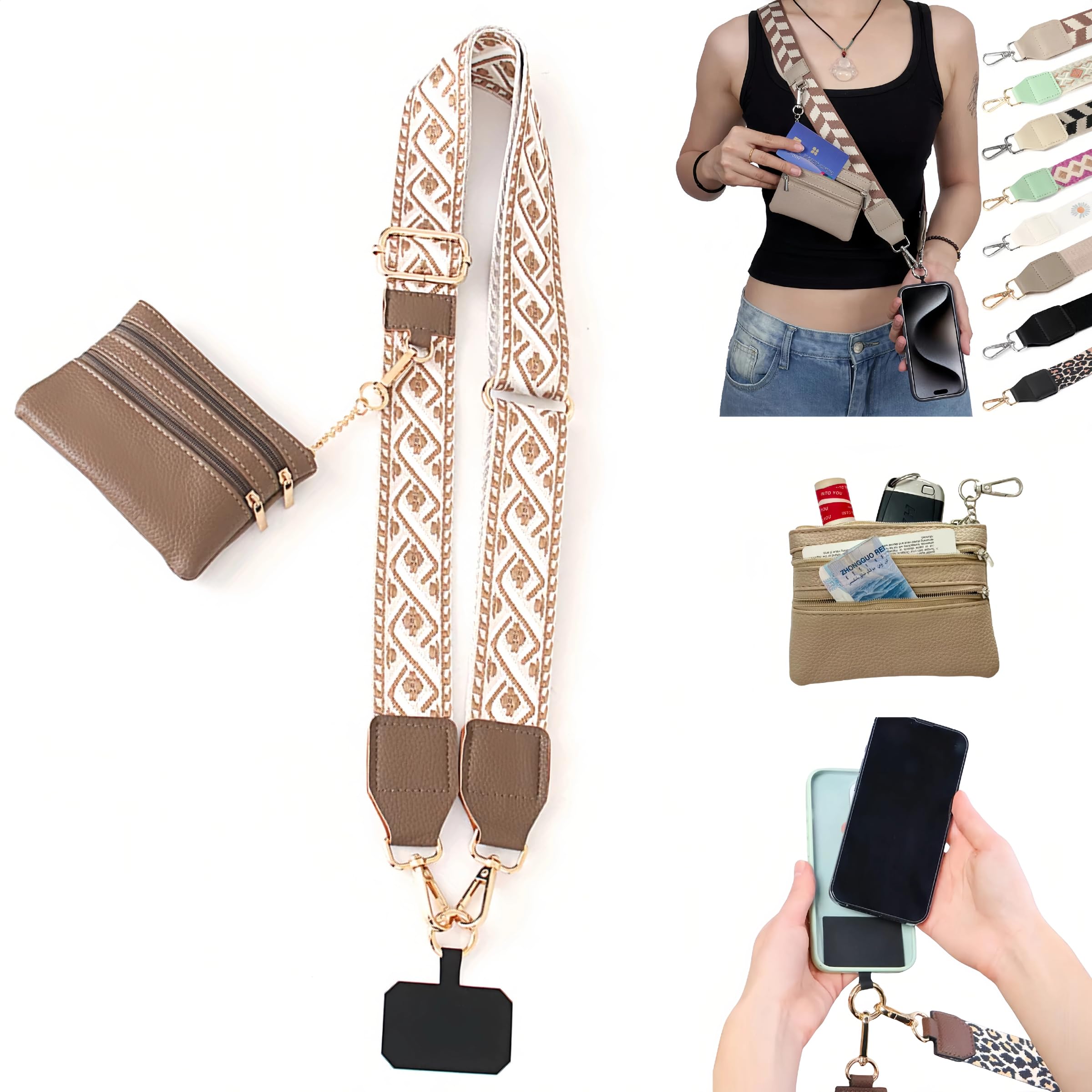 Crossbody Body Phone Holder for Women, New Phone Strap with Zippered Pouch, Adjustable Crossbody Strap (Brown)