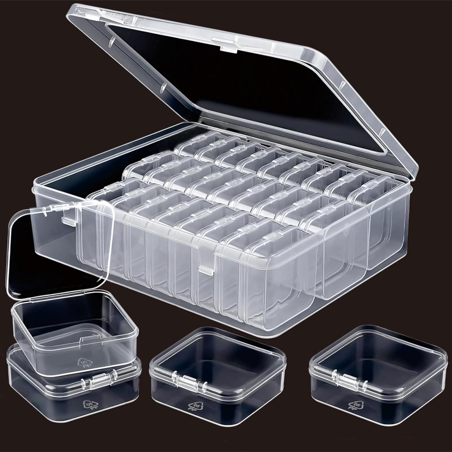 Bead Organizer Box, 60Pcs Small Clear Plastic Storage Containers, 2 Large Craft Organizer Box, Mini Parts Storage Solution for Beading Jewelry Making Diamond Arts Screws Seeds