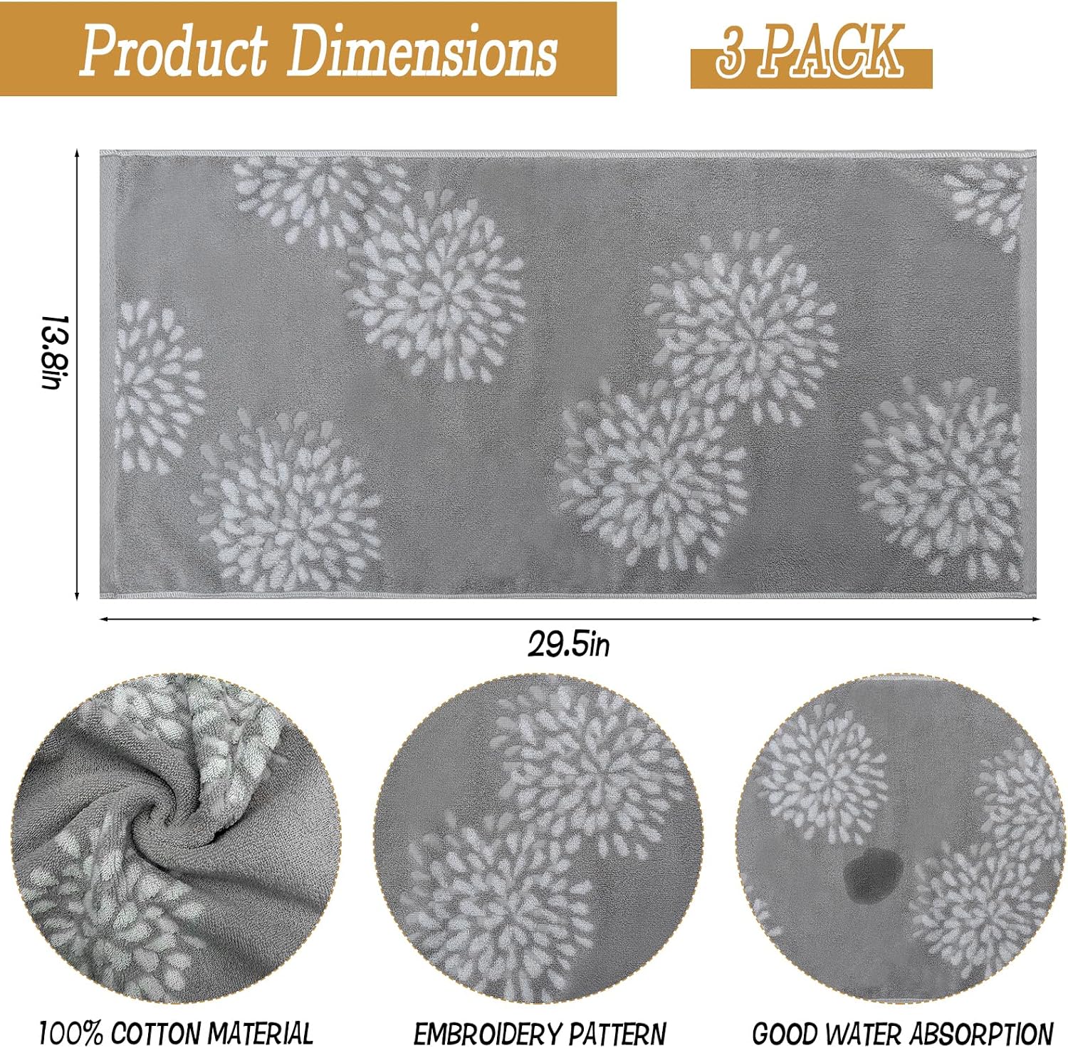 Gray Hand Towels Set of 3 Hydrangea Floral Pattern 100% Cotton Absorbent Soft Decorative Hand Towels for Bathroom
