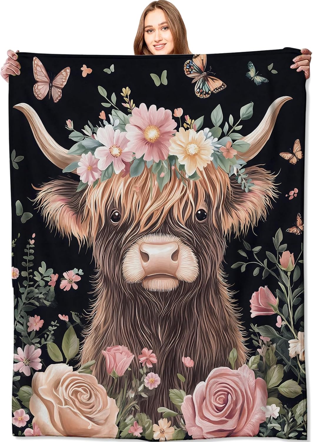 Highland Cow Blanket Cute Cattle with Floral Crown Throw Blankets,Gifts for Kids Adult Women Men,Lightweight Soft Fleece,Nature Lovers,Sofa Couch Bed Room Modern Rustic Decor 50x60in