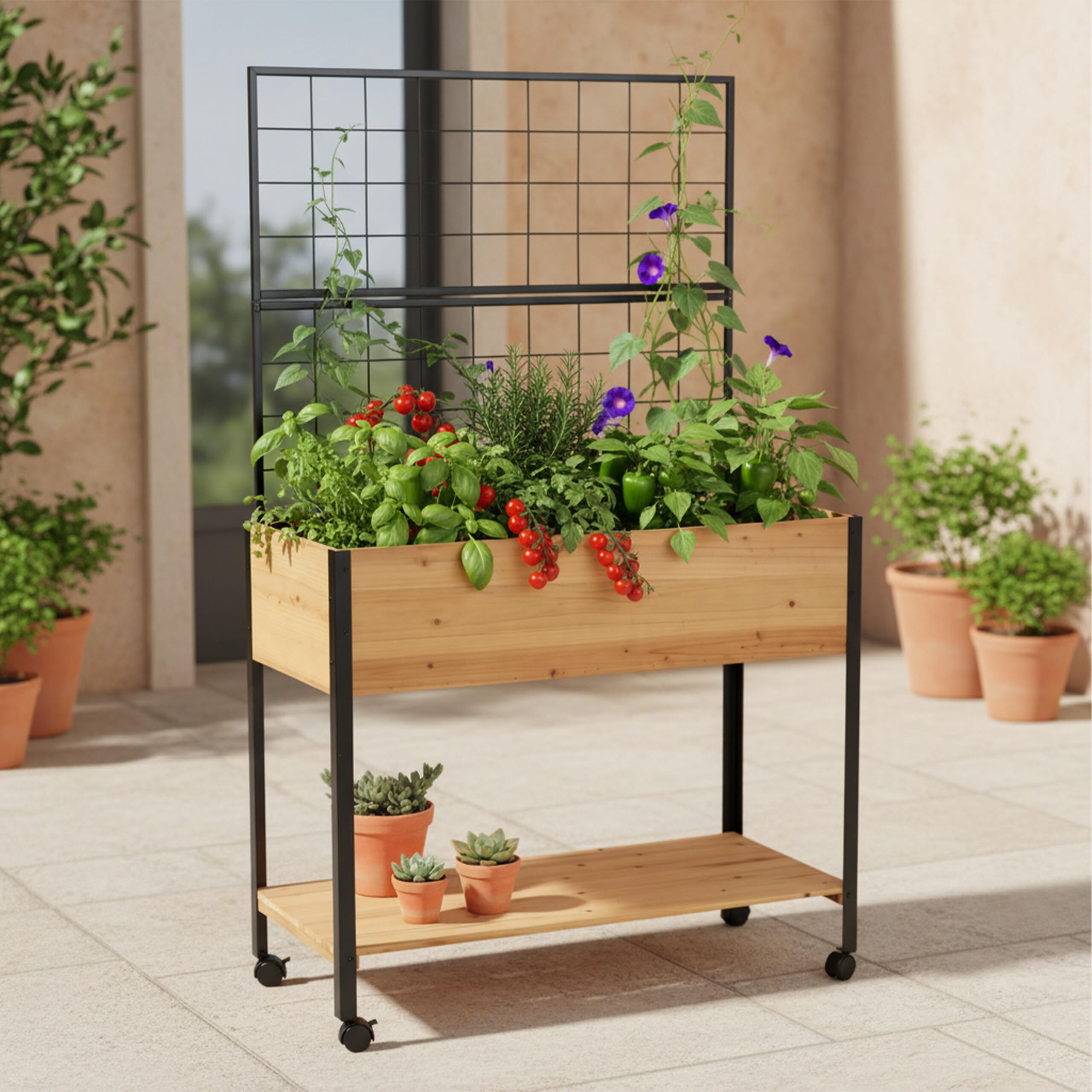 Relaxdays Potager surélevé en Bois avec Treillis, étagère, roulettes, 165x102x47,5 cm, Naturel/Noir