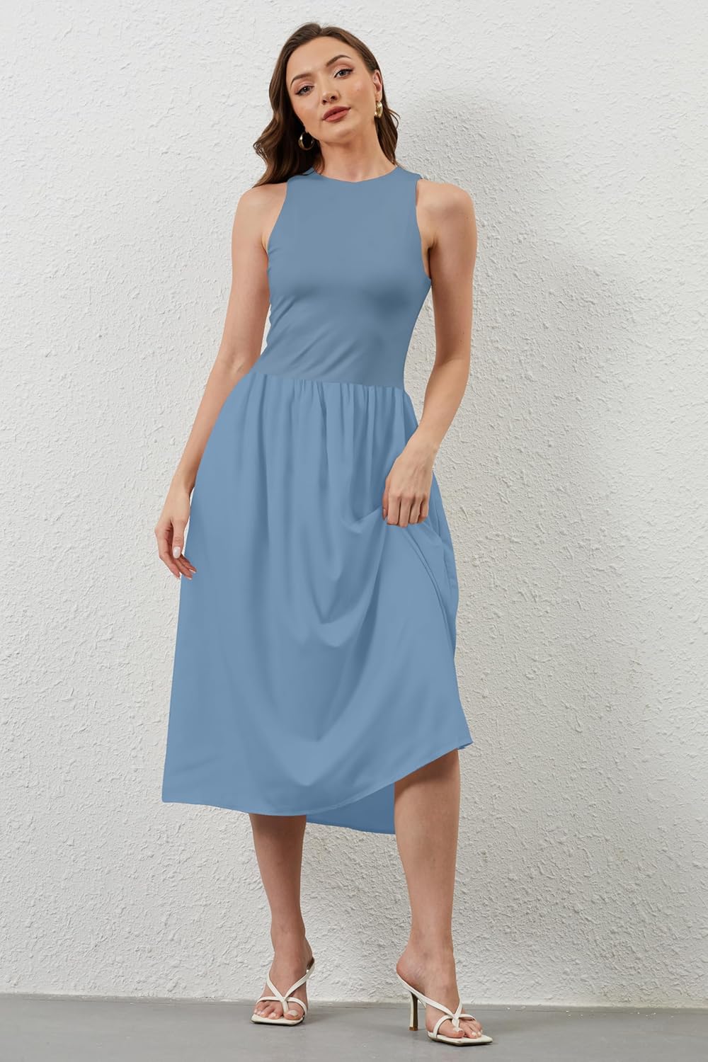 Women Summer Sleeveless Midi Dress Casual High Neck Patchwork Tank Sundress Flowy Boho A Line Dress with Pockets - Image 5