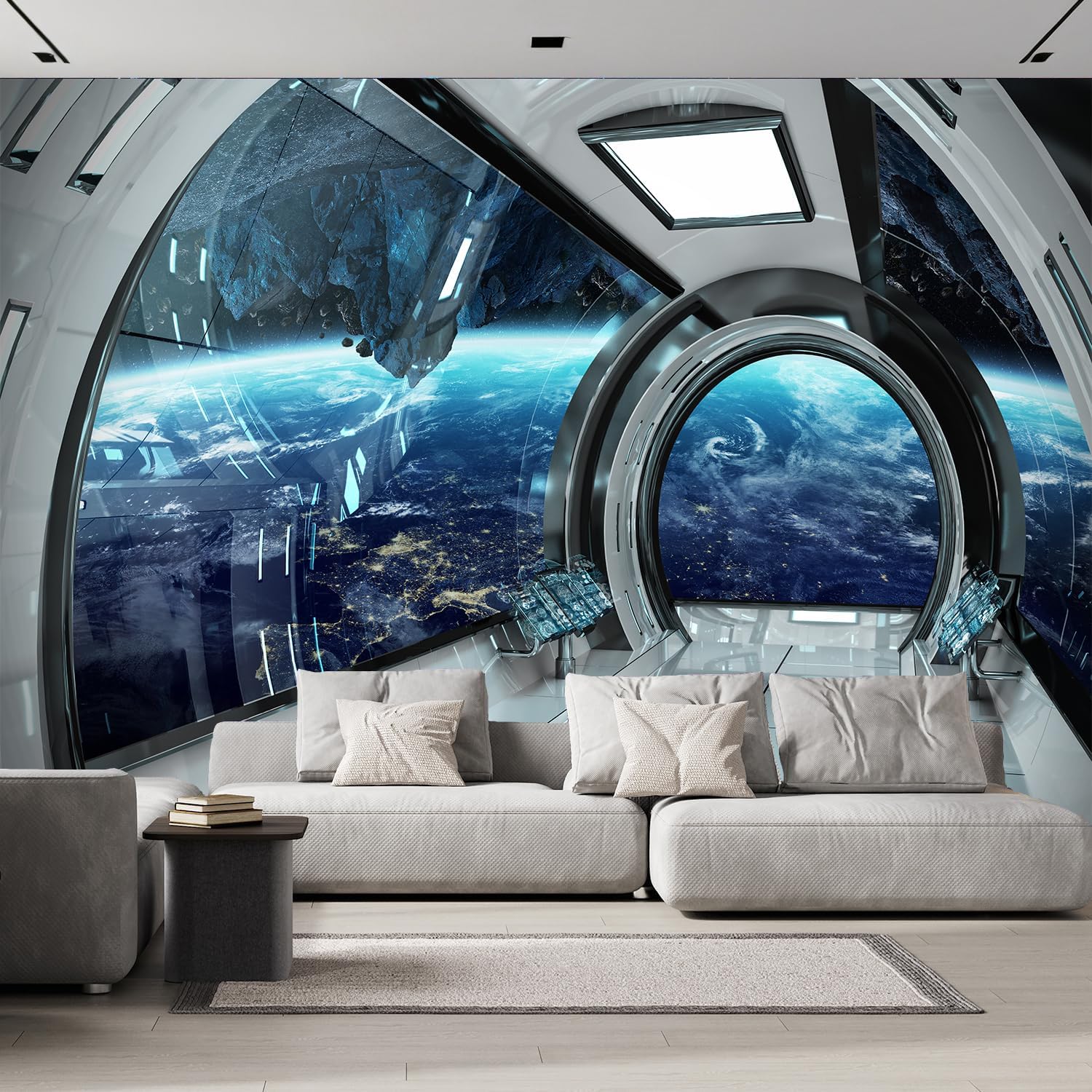FLFK 3D Space Wall Murals Peel and Stick 118"x78.7"-Futuristic Spaceship Interior View Self-Adhesive Wallpaper Large Poster Painting Sticker for Kids Bedroom Decor