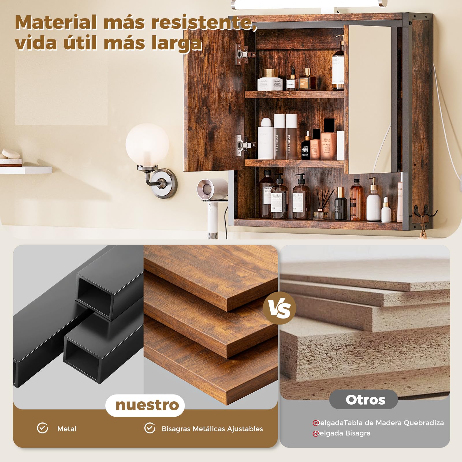 ELUCHANG Armario Espejo Baño con Luz,Mueble Baño,Rmario Colgante con Iluminacion, Mueble Baño con Espejo, 3 Compartimientos de Almacenaje, Estante Interior Ajustable, Vintage+Negro, 60x13x60 cm
