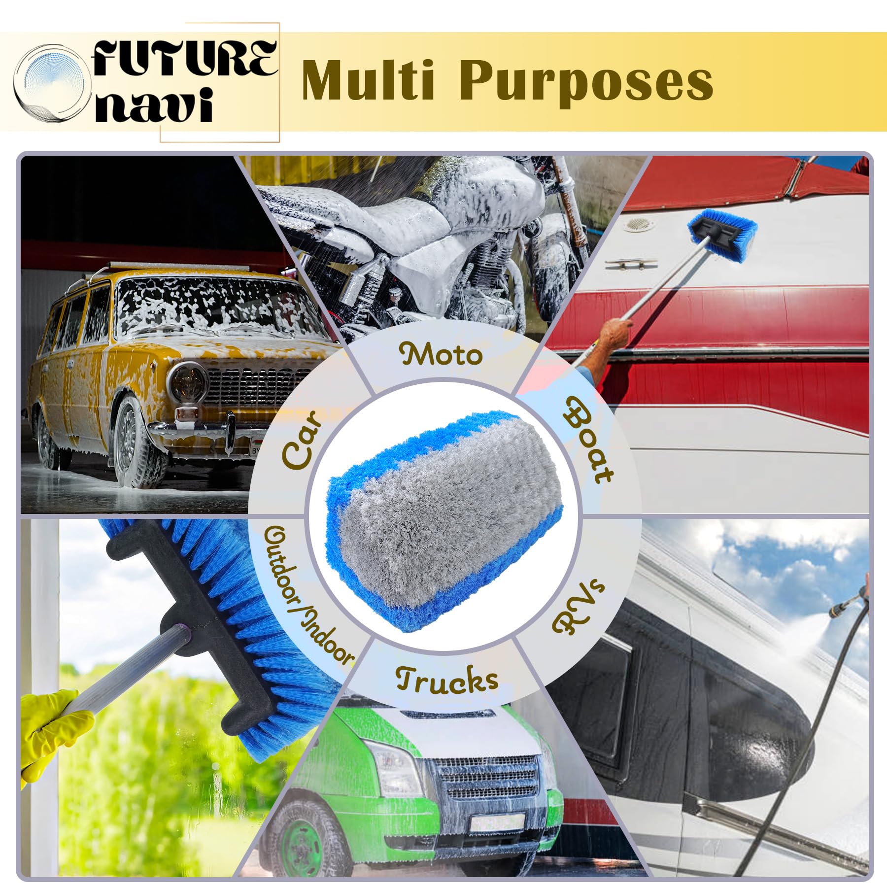 Cepillo de lavado de coche de 10 pulgadas, cabezal de 5 lados con cerdas suaves para limpieza exterior, equipo de lavado para camión, SUV, RV, caravana, barco de cubierta, furgoneta, lavado