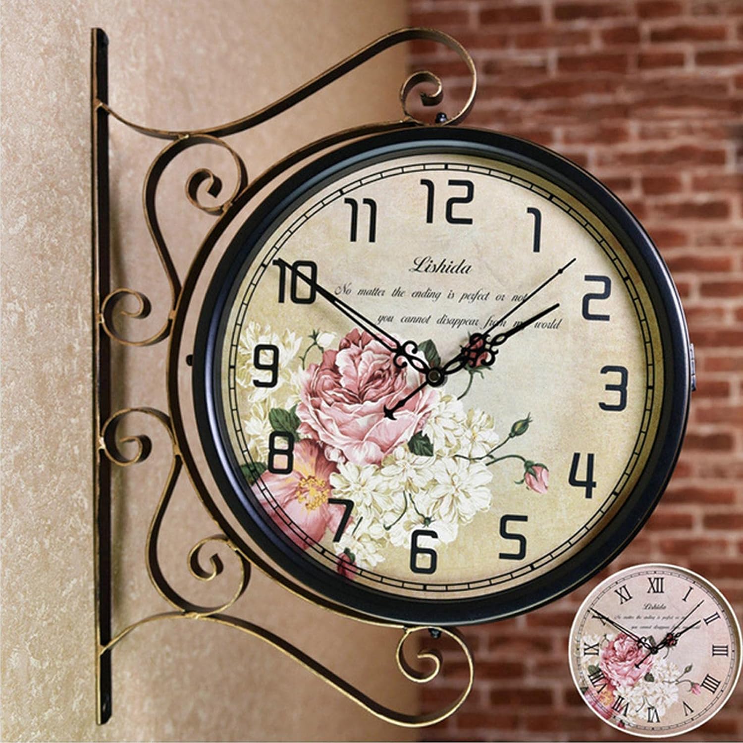 Outdoor Garden Clocks, Station Clock Double-Sided Hanging Clock Wall Clock Retro Vintage Station Clock,C