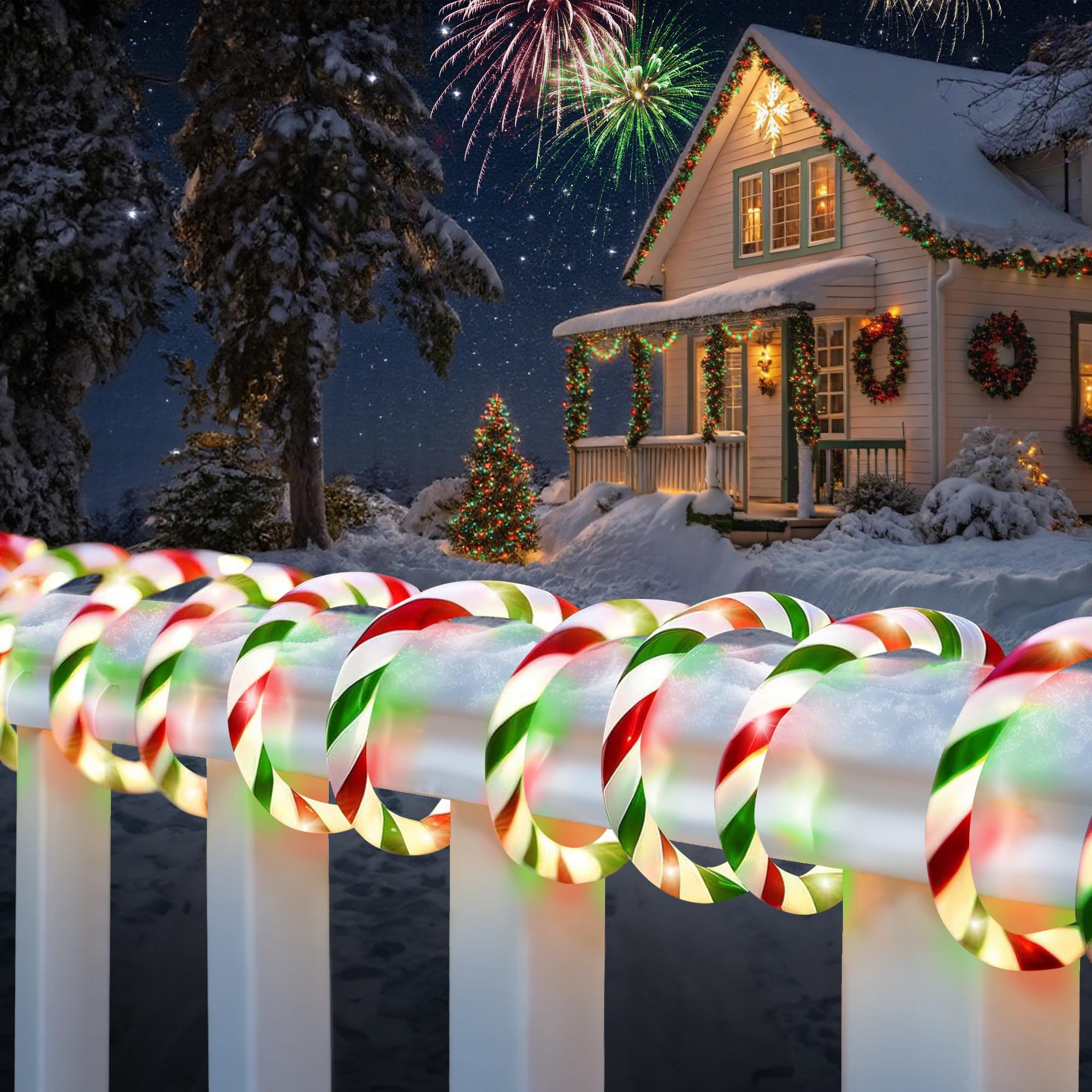 Jnaurb Luces de bastón de caramelo de Navidad, 66 pies, 480 luces LED conectables, color blanco, rojo y verde, cuerda de luces para exteriores, 8 modos, luz LED impermeable de Navidad para jardín