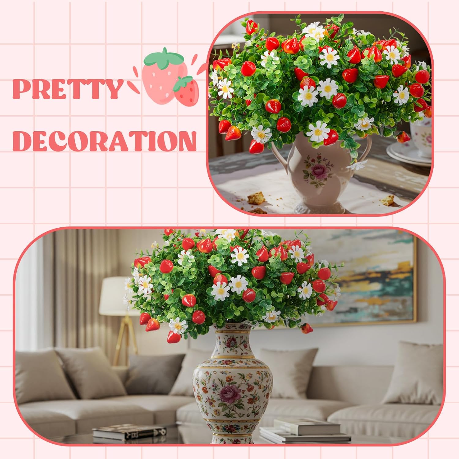 10 Pack Artificial Strawberry Branches Decoration Fake Strawberry Stems with Green Leaves and Daisies for Farmhouse Home Wedding Birthday Table Centerpiece & Party Arrangement