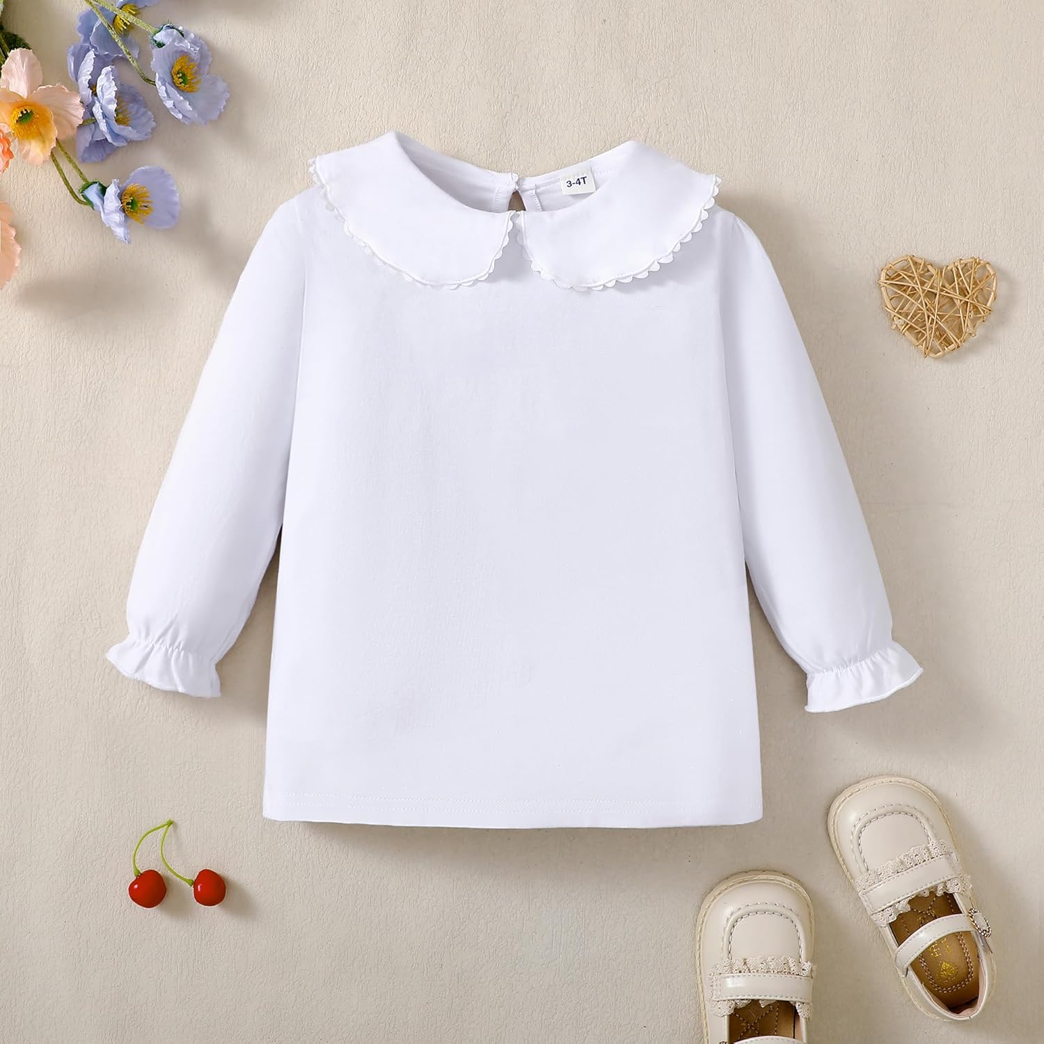 1-12Y Baby Ruffle Blouse Toddler Girl Peter Pan Lace Collar T-Shirts Kids Solid Color Long Sleeve Tee Casual Top - Image 3