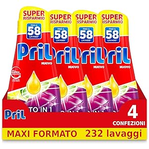 Pril Gel All in One Lemon Dishwasher Liquid Multi-Action Difficult Dirt - 4 Packs of 58 Washes (232 Washes)
