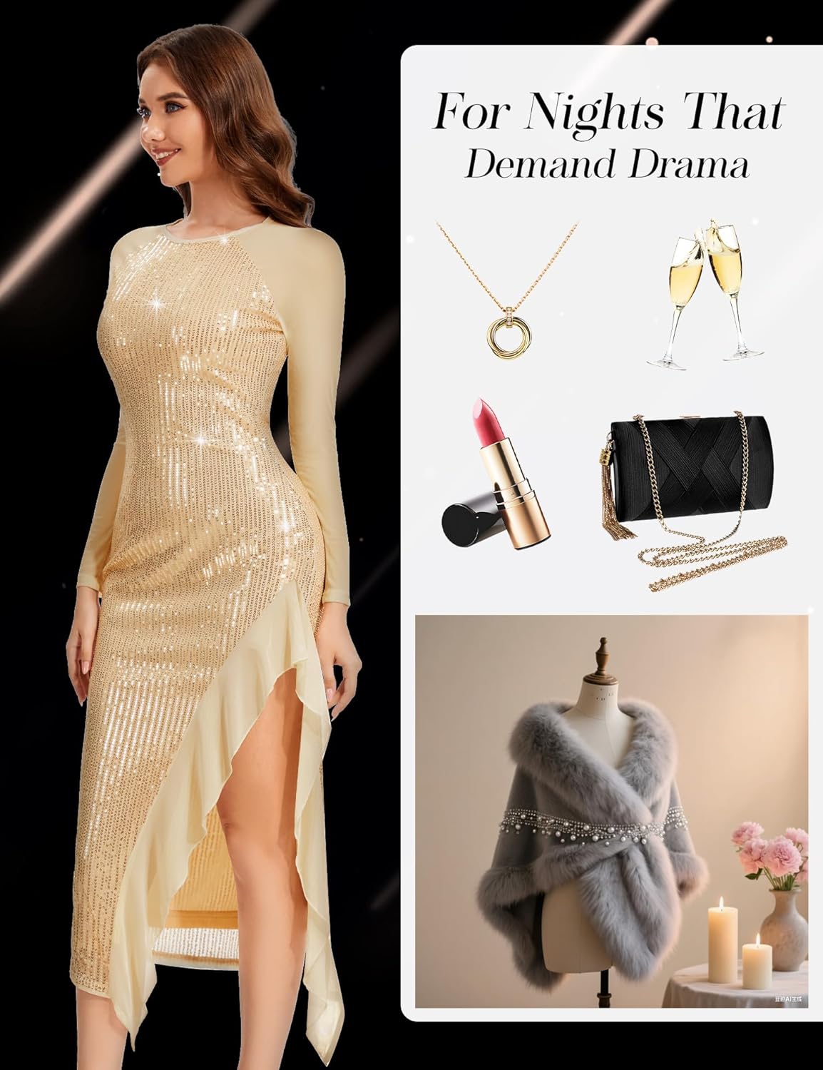 Aupuls Women Bodycon Sequin Prom Dress Elegant Semi Formal Dresses for Cocktail Party AUPG028N Champagne S - Image 5