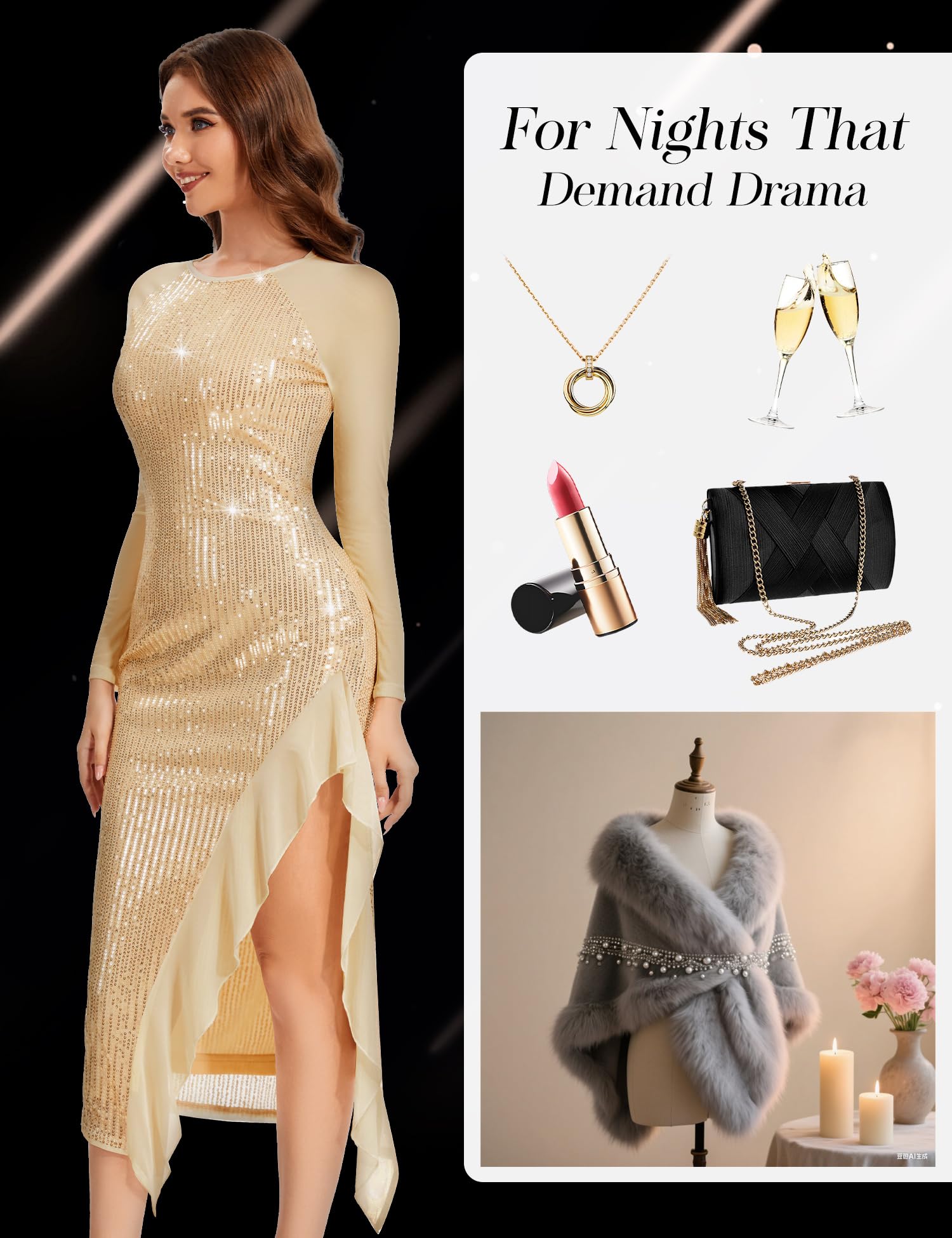 Aupuls Vestido brillante de fiesta de bienvenida con mangas para mujer, vestido formal de lentejuelas para invitados de boda con abertura para fiesta de noche