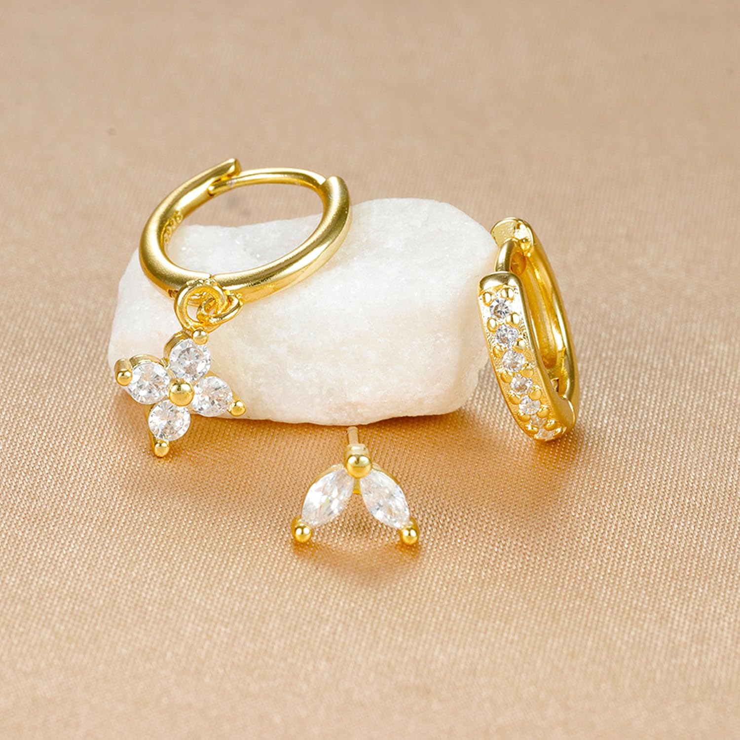 3 Pcs Earring Sets for Multiple Piercing Dainty Gold Earring Stacks 14k Gold Huggie Hoop Earrings Rhinestone Flower Leaf Stud Earrings Cartilage Earrings Hypoallergenic Earring Set for Women Trendy - Image 7