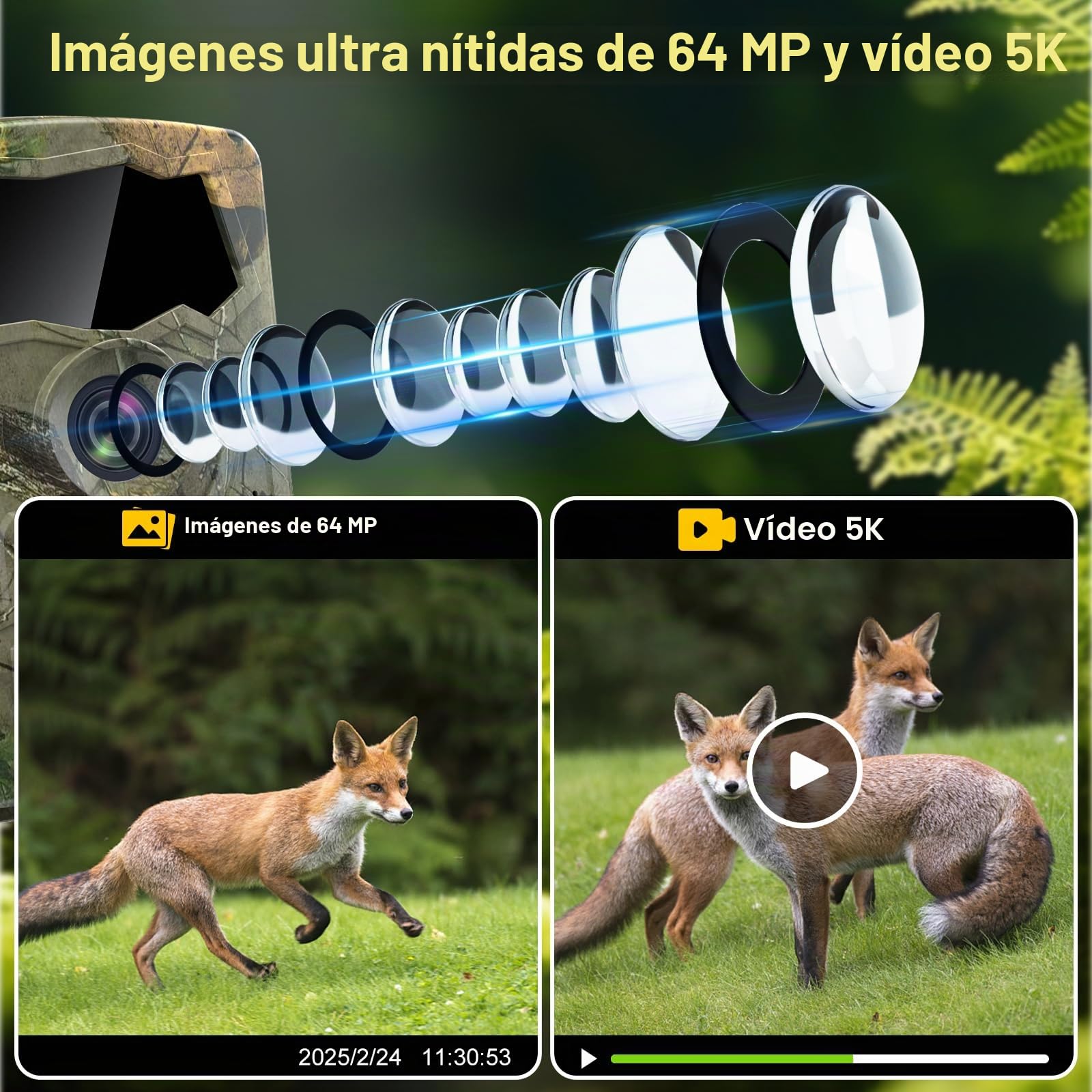 Lutranstra Cámara de Caza 5K WiFi, cámara de Vida Silvestre Full HD de 64MP con aplicación de transmisión a móvil, cámara de Infrarrojos para Animales Salvajes con Tarjeta SD de 32G y baterías 8*AA