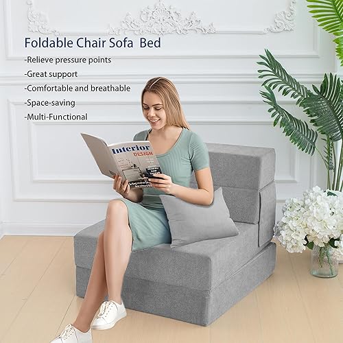 Miniatura 5 de Colchón plegable para sofá cama, sofá cama plegable, colchón de piso con almohada para sala de estar, oficina en casa (gris claro, individual)