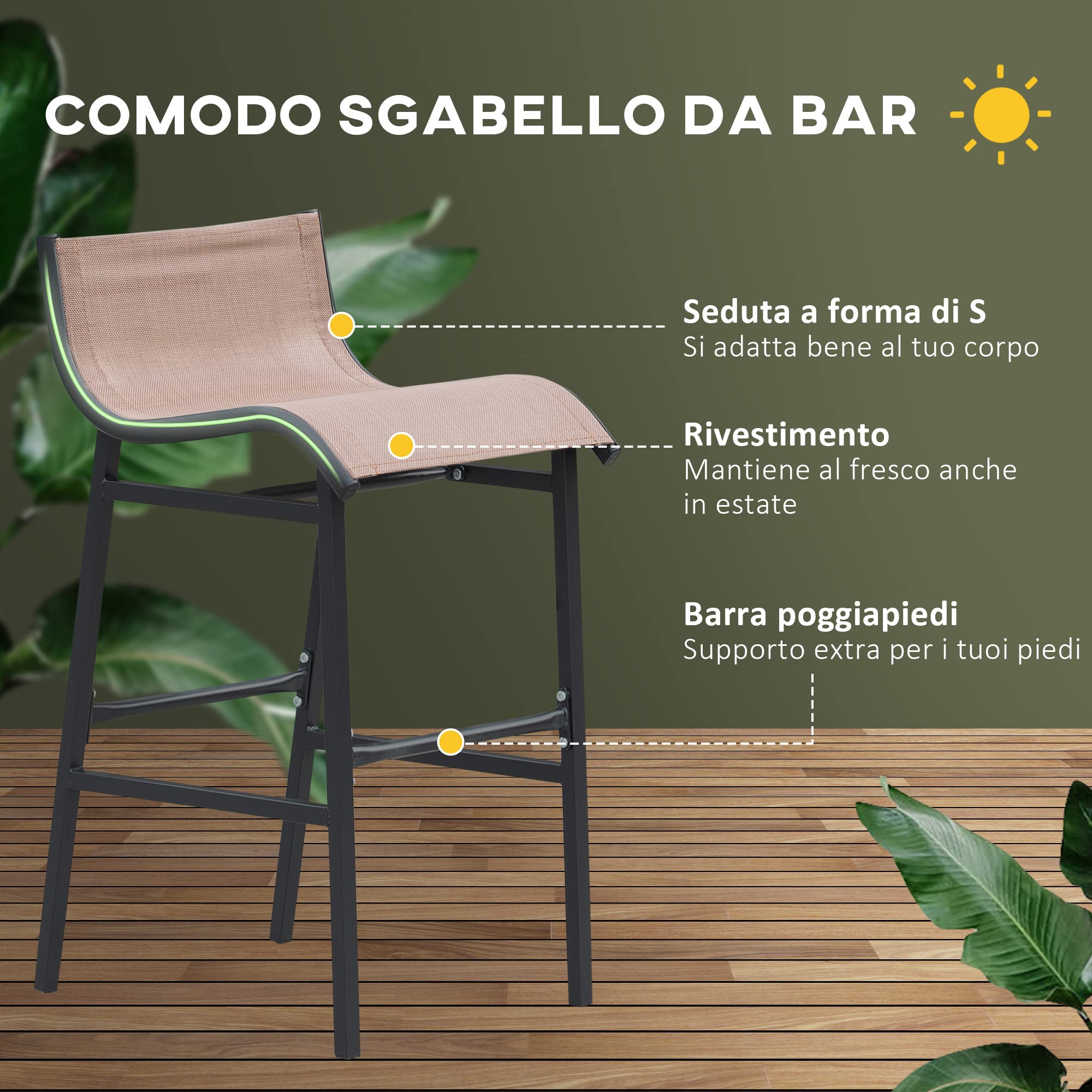 Outsunny Set da Bar/Ristorante 3 Pezzi: 2 Sgabelli (40.5x50x82cm) 1 Tavolo Vetro Temperato (Φ60x102cm), Nero e Marrone