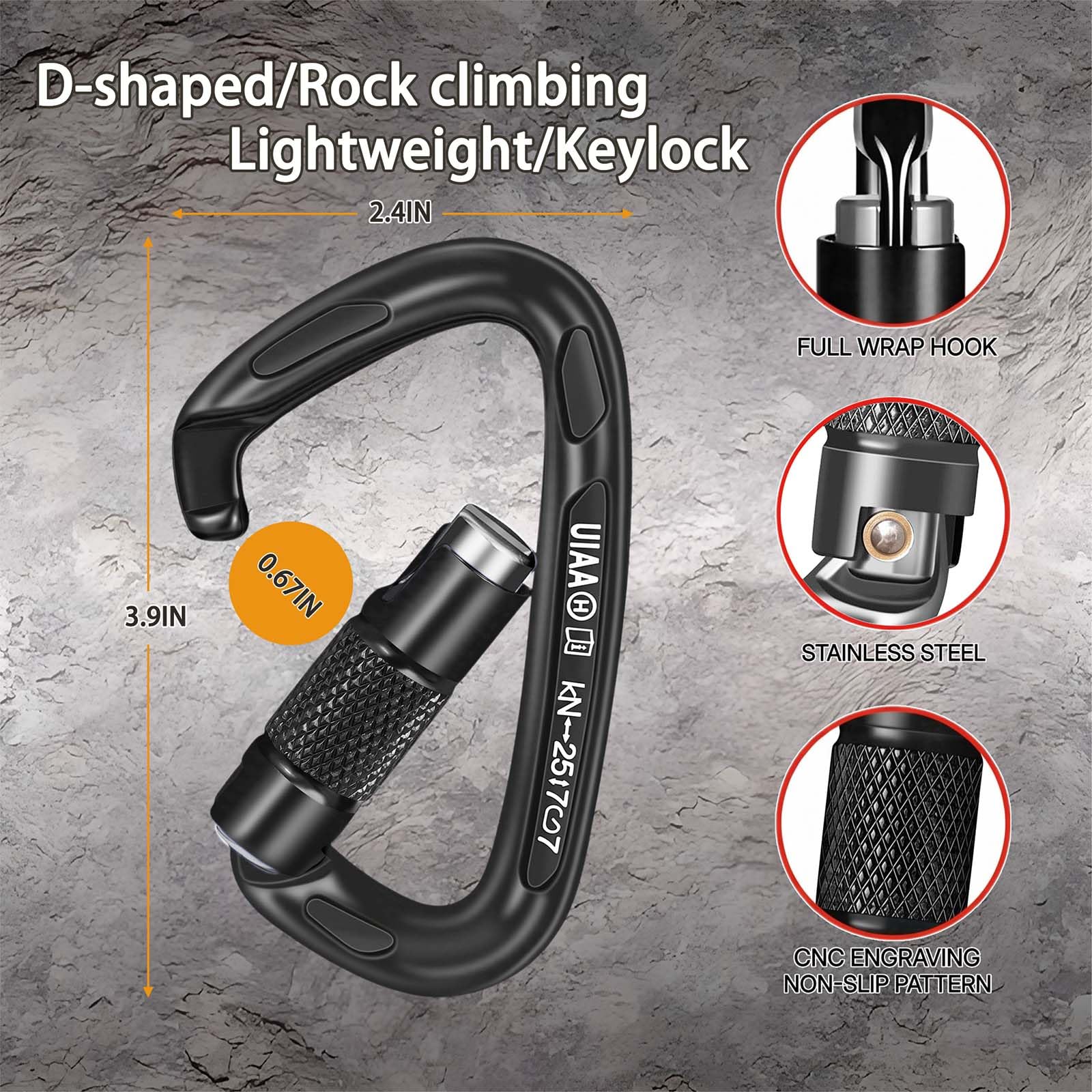 BEIFENG Mosquetón de bloqueo automático de 25 KN profesional para escalada en roca, obtenido certificación UIAA, mosquetones resistentes adecuados para escalada en roca, camping, rapel, rescate,