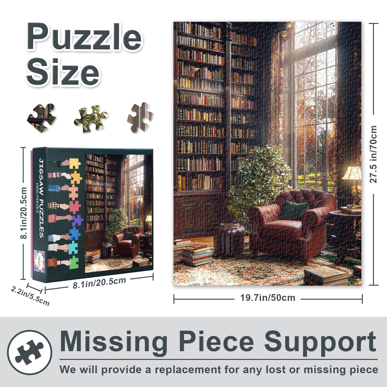 1000 Piece Jigsaw Puzzle for Adults,Cozy Reading Nook with Leather Armchair and Large Bookcase Puzzle Impossible Hard Difficult Challenging Puzzles for Bibliophilia Gift 50x70cm - Image 3