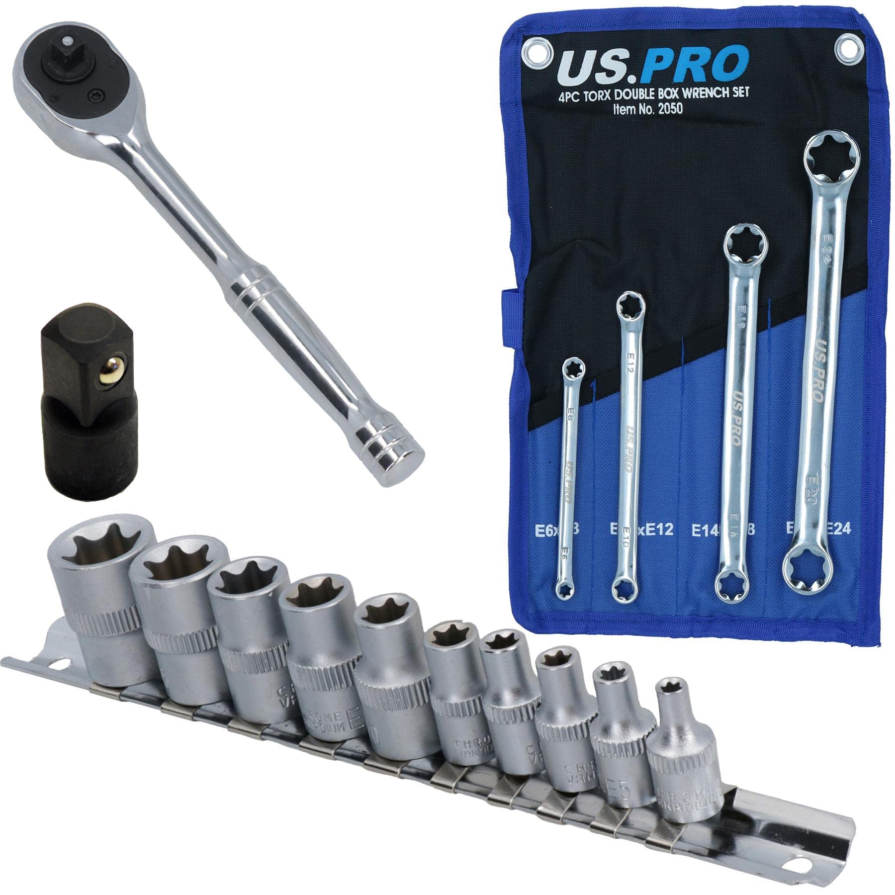 AB Tools Female Torx E Sockets E4-E18 + Spanners E6-E24 1/4" Drive Ratchet + Step Up
