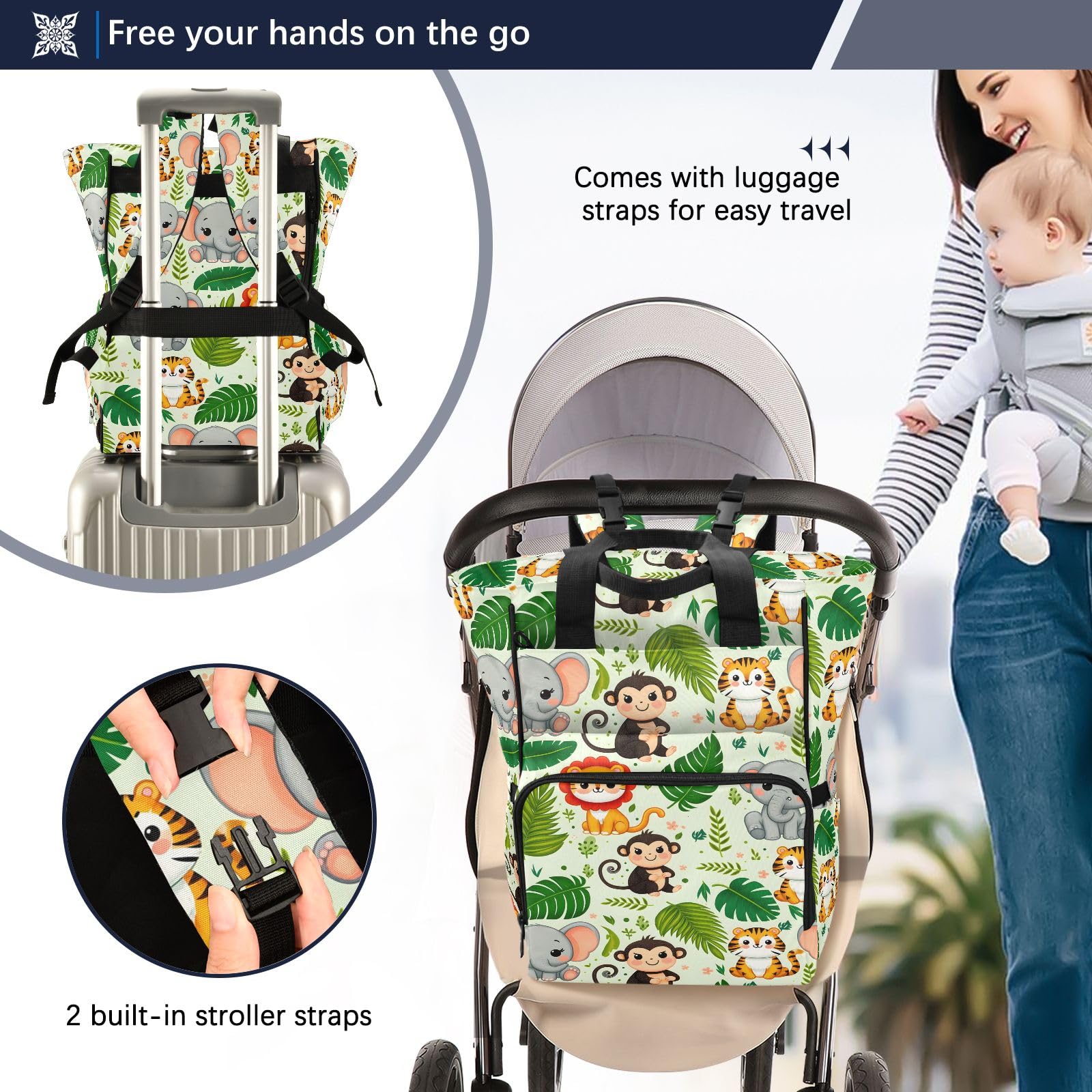 Mnsruu Simpatici animali della giungla con motivo a foglie di palma senza cuciture sfondo borsa per pannolini per bambini zaino grande borsa impermeabile da viaggio borse per pannolini per mamme e