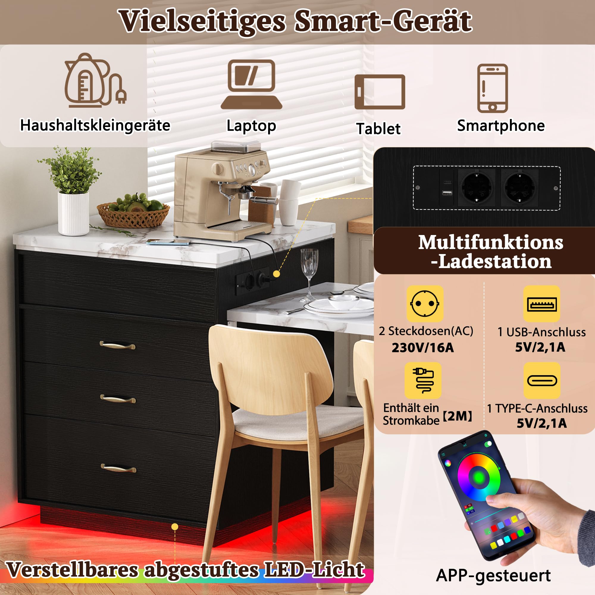 Isla de cocina, armario de cocina con ruedas, mesa de comedor extensible con iluminación LED, mesa de cocina con regletas, como aparador, mueble o mesa de bar para cocina, comedor (negro)
