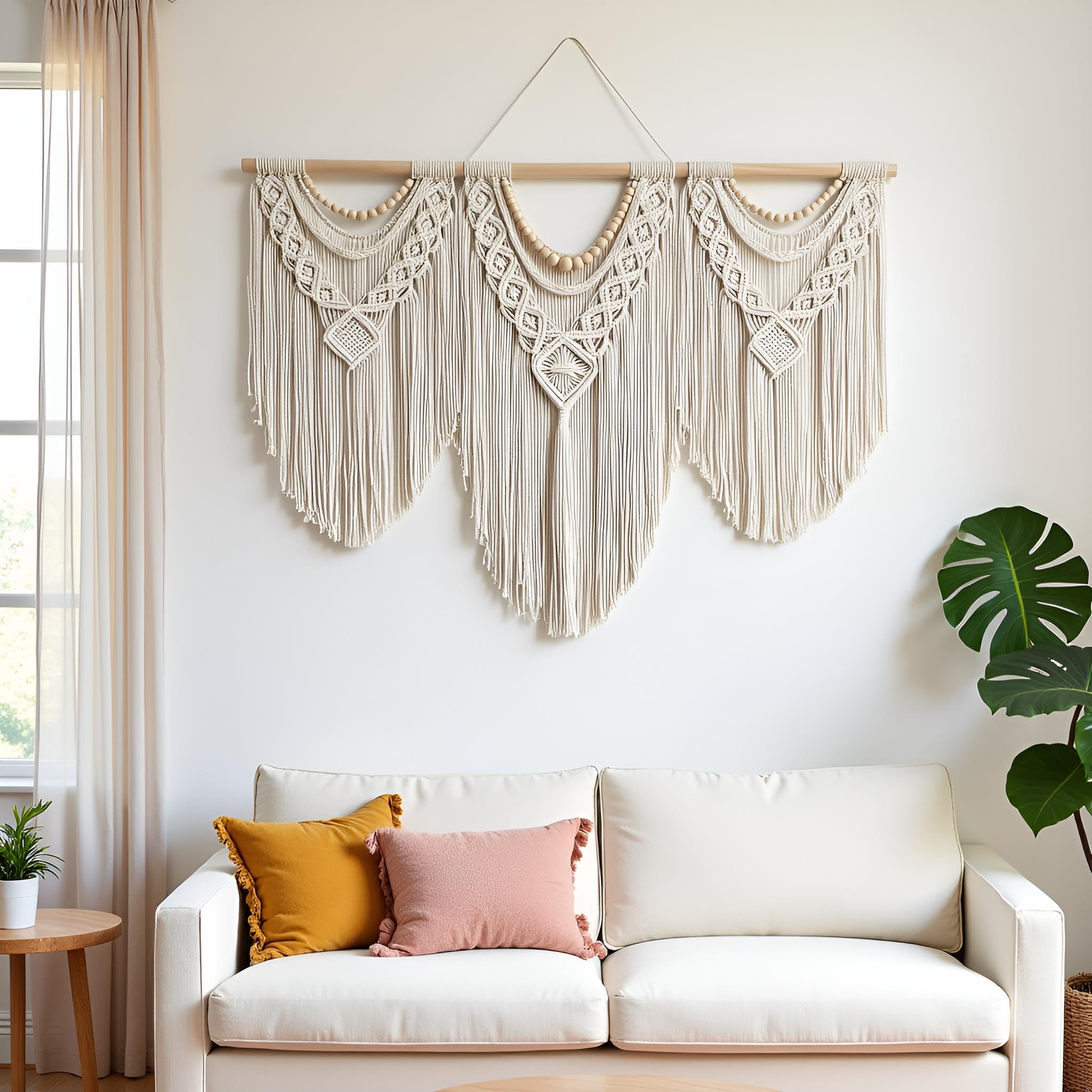 guzhiou large macrame wall hanging - Boho Tapestry Macrame Wall Decor Art- Chic Bohemian Handmade Woven Tapestry Home Decoration for Bedroom Living Room Apartment Wedding Party - 43"x32" (Wood bead)