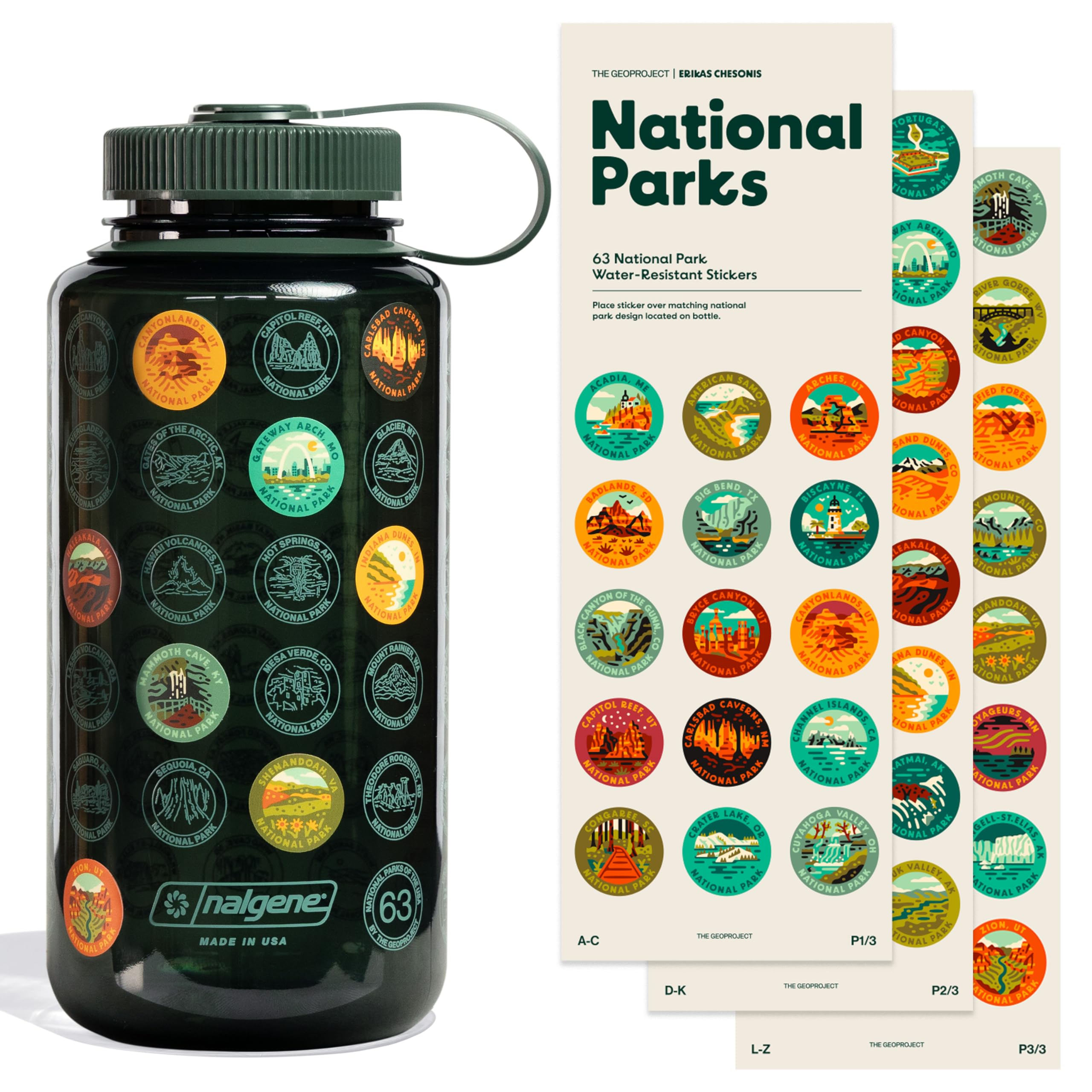 THE GEOPROJECT National Parks Plastic Water Bottle with Waterproof Stickers Kit, Light Weight and Wide Mouth Lid 32oz