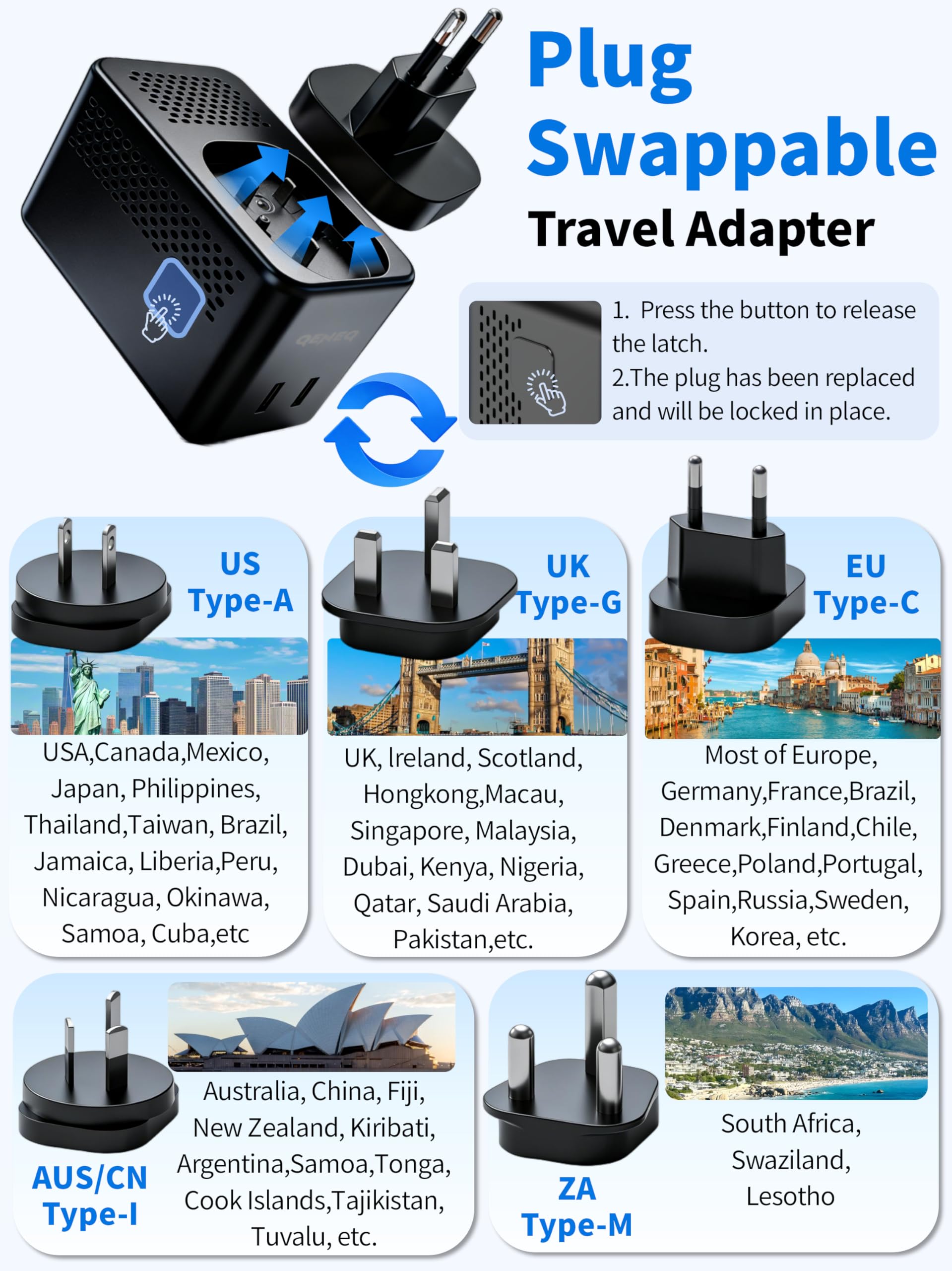 220v to 110v Converter Travel Voltage Converter European Travel Plug Adapter with USB Charging Ports Type C Travel Essentials AC Outlet Plugs for UK US EU AU South Africa for Hair Dryer (Black) - 5