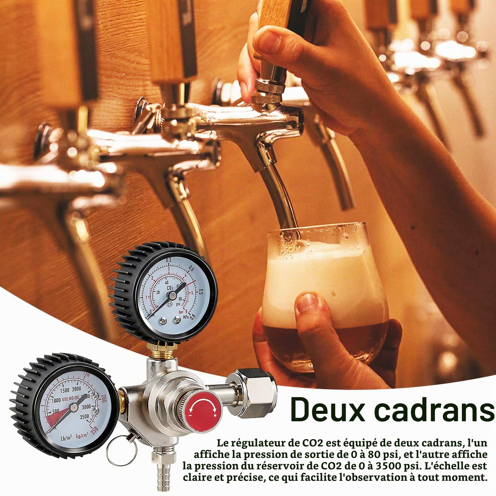 CO2 Réducteur de Pression, Réducteur de Pression du Système de Distribution de Bière avec 2 Manomètres Raccord W21,8 x 1/14" Régulateur de CO2 pour Système de Distribution de Bière