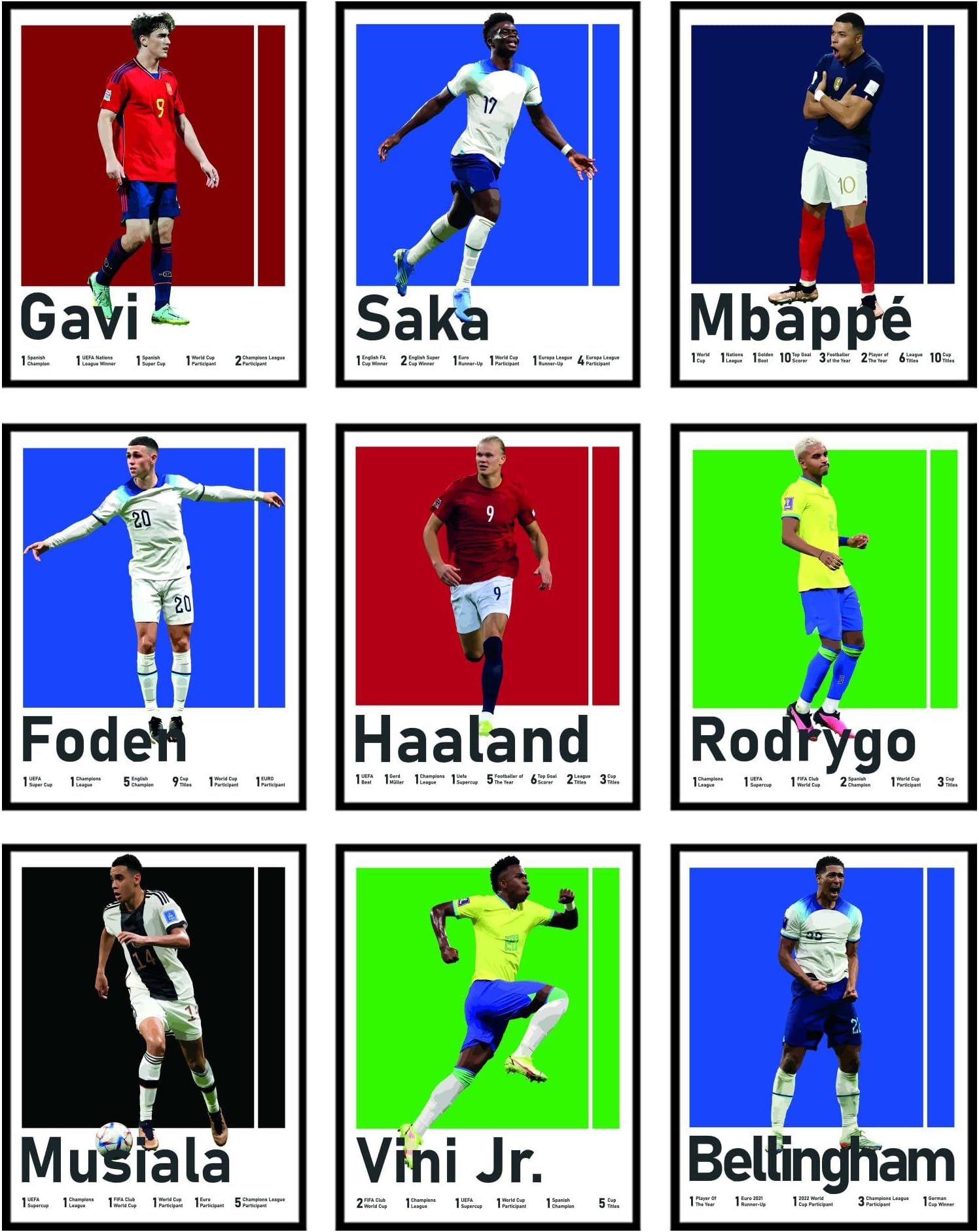 Soccer Posters for Boys Bedroom - Soccer Player Posters, Erling Haaland Poster, Mbappe, Rodrygo, Gavi, Vini Jr, Saka, Foden, Musiala, Bellingham - Unframed Set of 9 (8x10”)