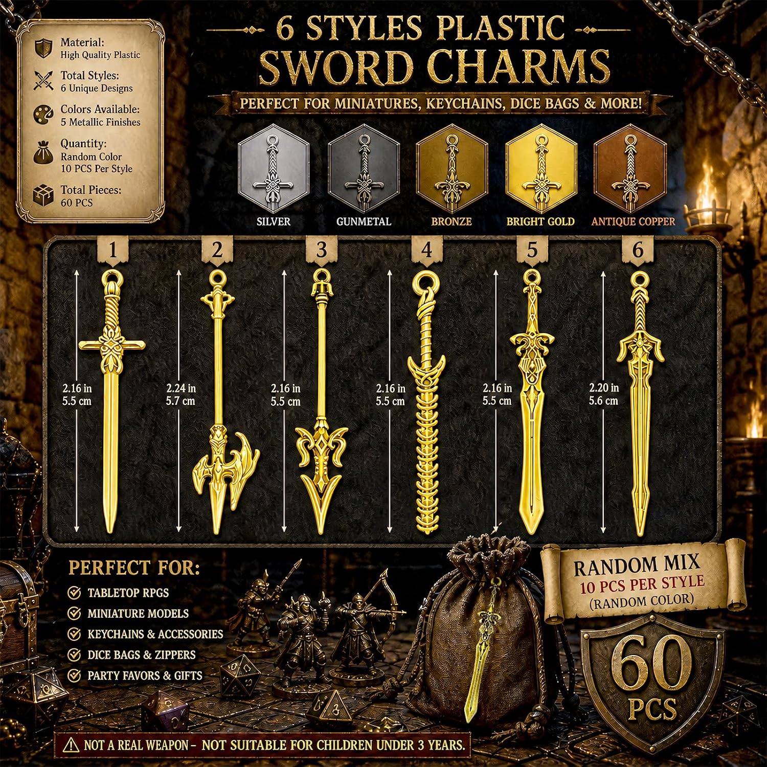 Wowagoga 60 Pieces Swords Charms for Jewelry Making Swords Bookmark Mini Swords Pendants Antique Swords Keychain for DIY Necklace Bracelace (Bronze, Sliver, Gold)