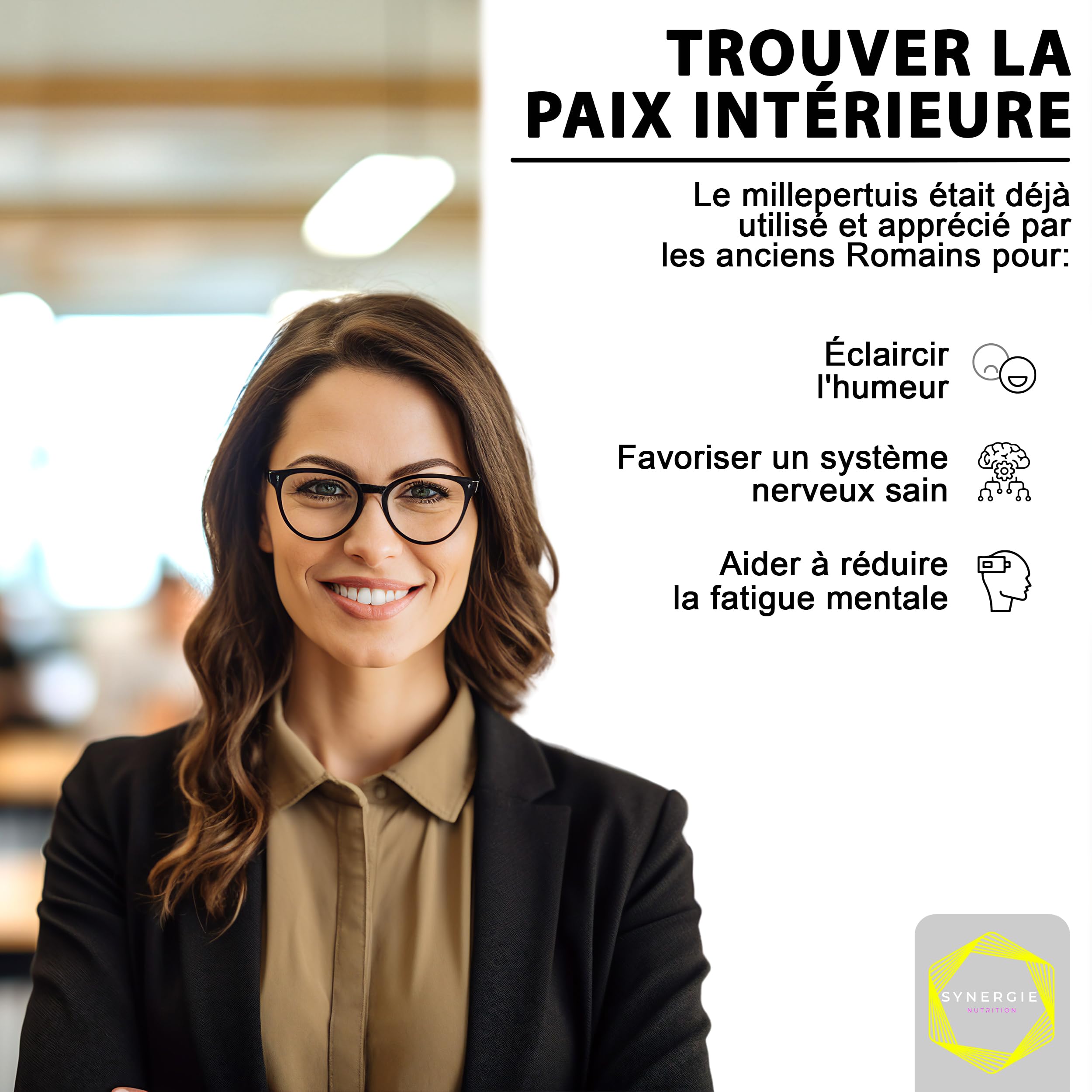 Millepertuis 500 mg, Rhodiola Rosea 400 mg, Valériane 300 mg - 60 doses journalières - Hypericine 0,3%, Rosavine 3%, Salidroside 1% - Extraits 10:1. Harmonisateur d'humeur par Synergie Nutrition