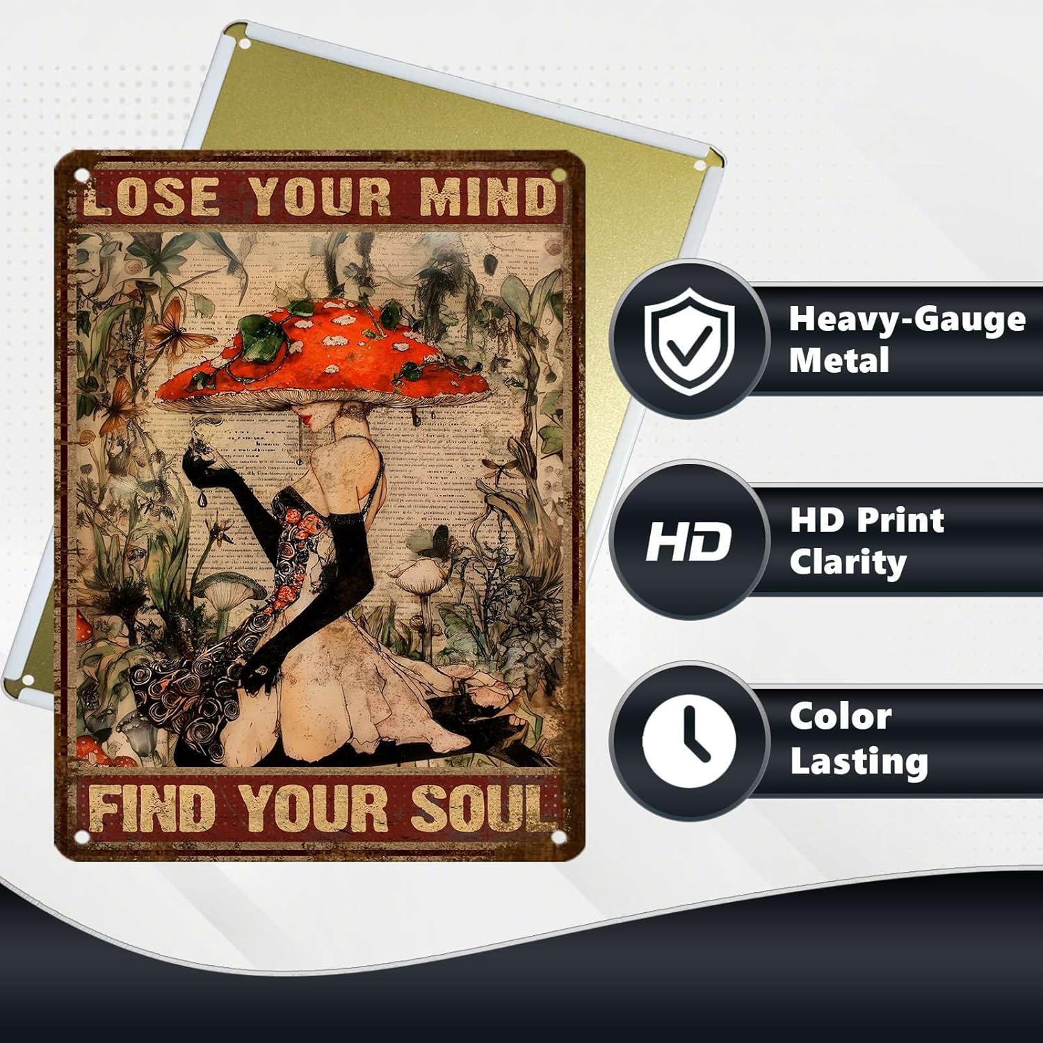 Mushrooms Hunter Metal Tin Sign Lose Your Mind Find Your Soul Sign Rustic Farmhouse Decor Trending Patio Garden Wall Art Retro Metal Tin Sign 12X16Inch