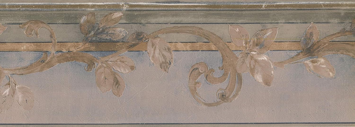 CONCORD WALLCOVERINGS ™ Wallpaper Border Vintage Pattern Floral Elements Leaves for Cottage Kitchen Dining Room, Brown Gray, 15 ft by 7 in NT73802