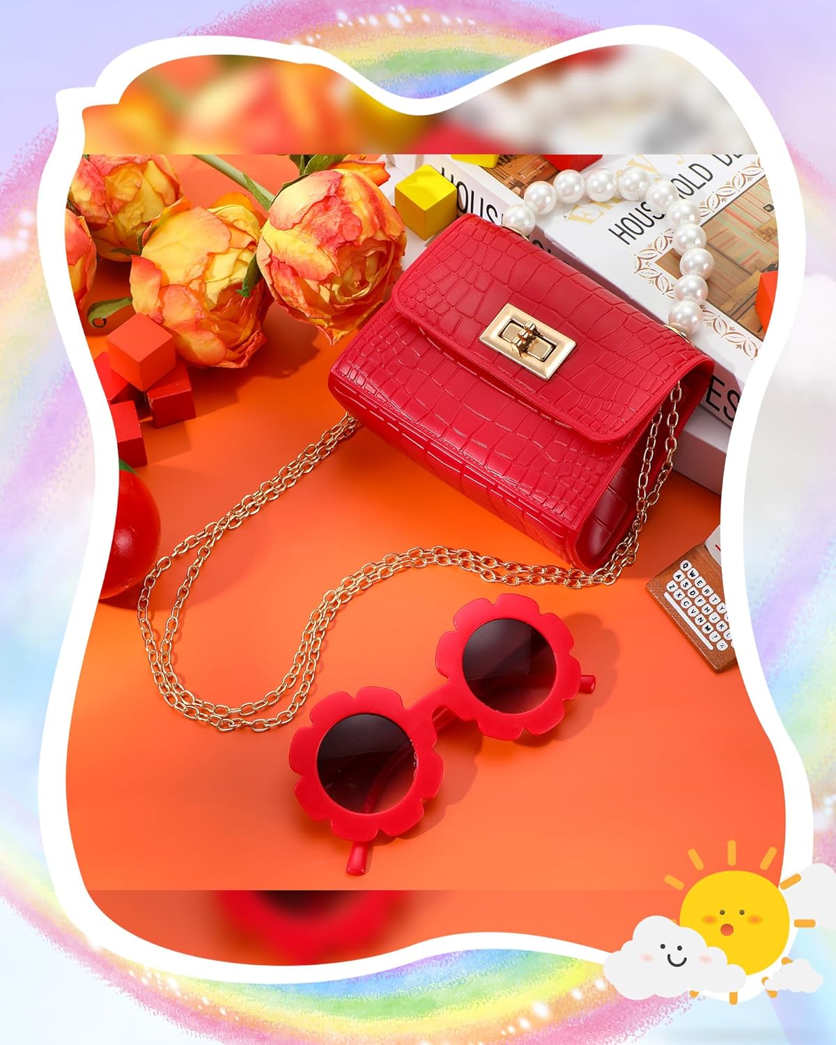 Miniatura 7 de Cunno Monedero para niños pequeños para niñas pequeñas, lindo bolso cruzado de princesa con solapa para niños con gafas de sol redondas de flores