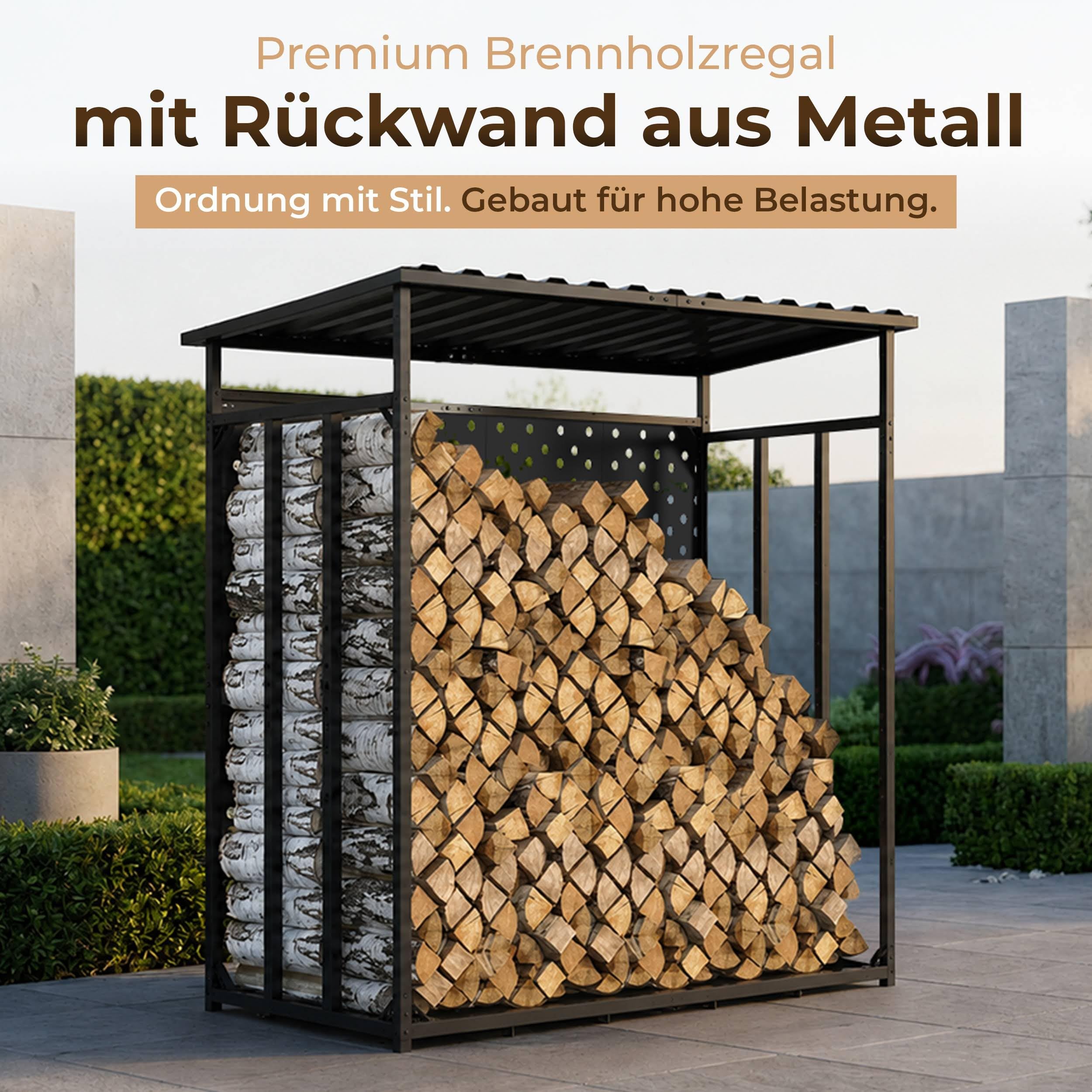 Kaminholzregal mit Rückwand außen 187x88x186 | verzinkt Metall Garten Holzregal Stapelhilfe mit Abdeckplane XXL Feuerholz Unterstand Metall Dach mit Wetterschutz
