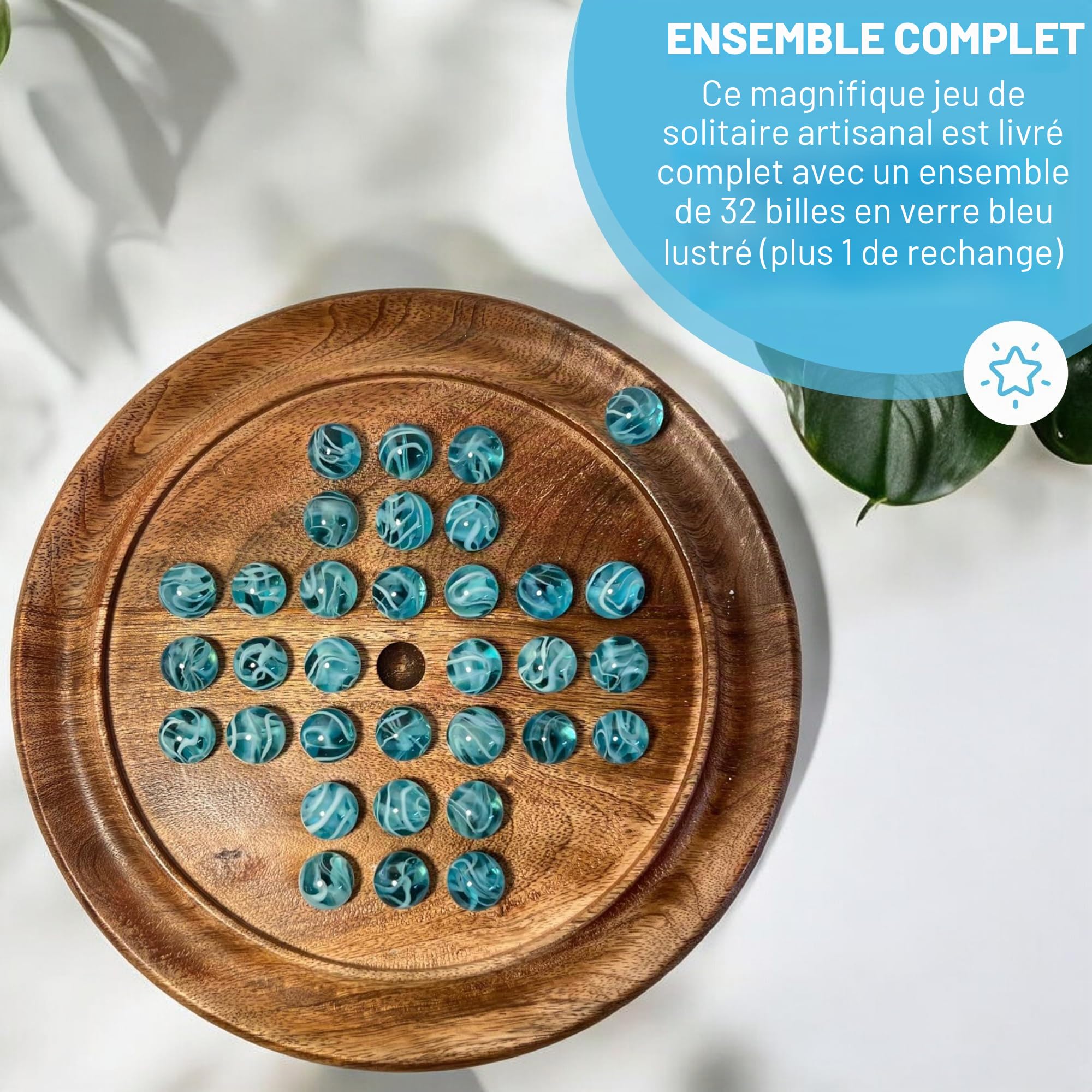 Solitaire - Jeu de société en bois de 22 cm de diamètre - À partir de 10 ans - Avec marbre bleu brillant en verre à oxygène - Jeu de solitaire classique en bois - Jeu de stratégie - Jeu de société
