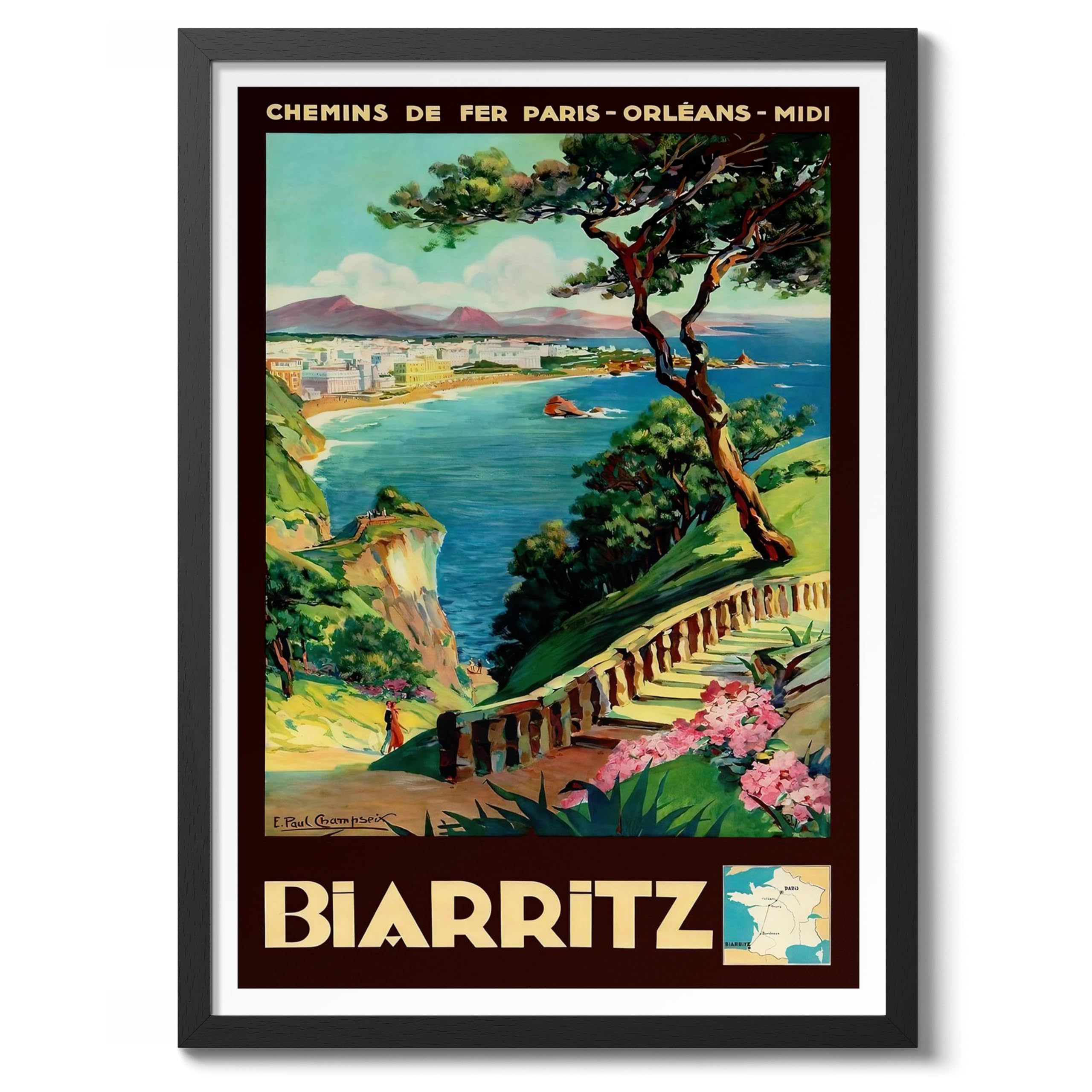 Biarritz Vintage French Travel Poster, Retro France Tourism Print, Holiday Home Decoration Wall Art, A5 (Black Frame) - 21x14.8cm