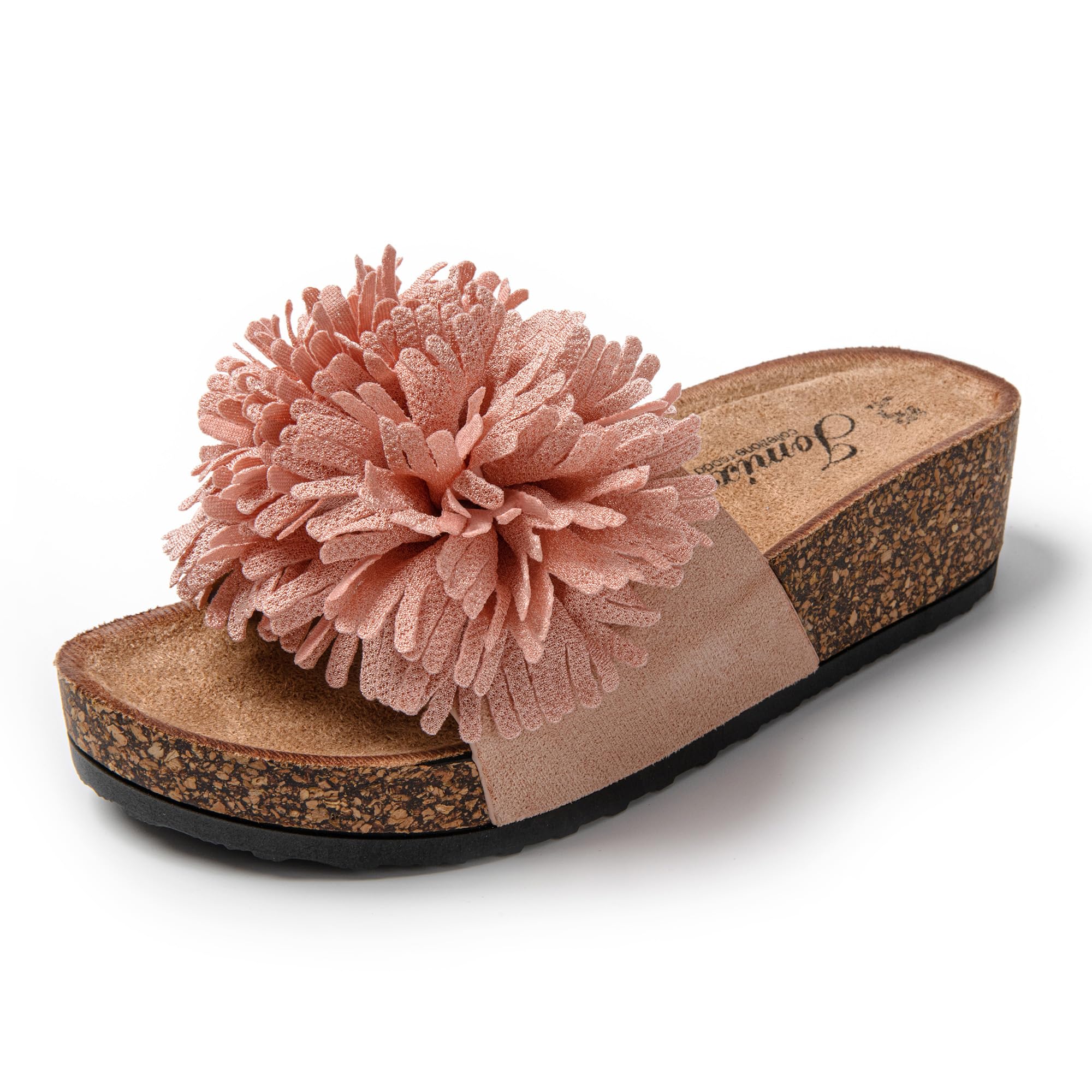 JOMIX Pantoletten Damen Sommer Sandalen mit Kork Fußbett Elegant Flach Strandsandalen Weiche Blumen Wandern Meer Strand Slipper