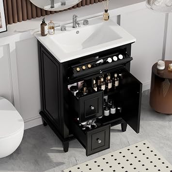 Linique 24" Bathroom Vanity with Sink Combo Set, Solid Wood Frame Bathroom Storage Cabinet with 2 Drawers and a Tip-Out Drawer, Adjustable Shelves, Soft Closing Cabinet Door, Black