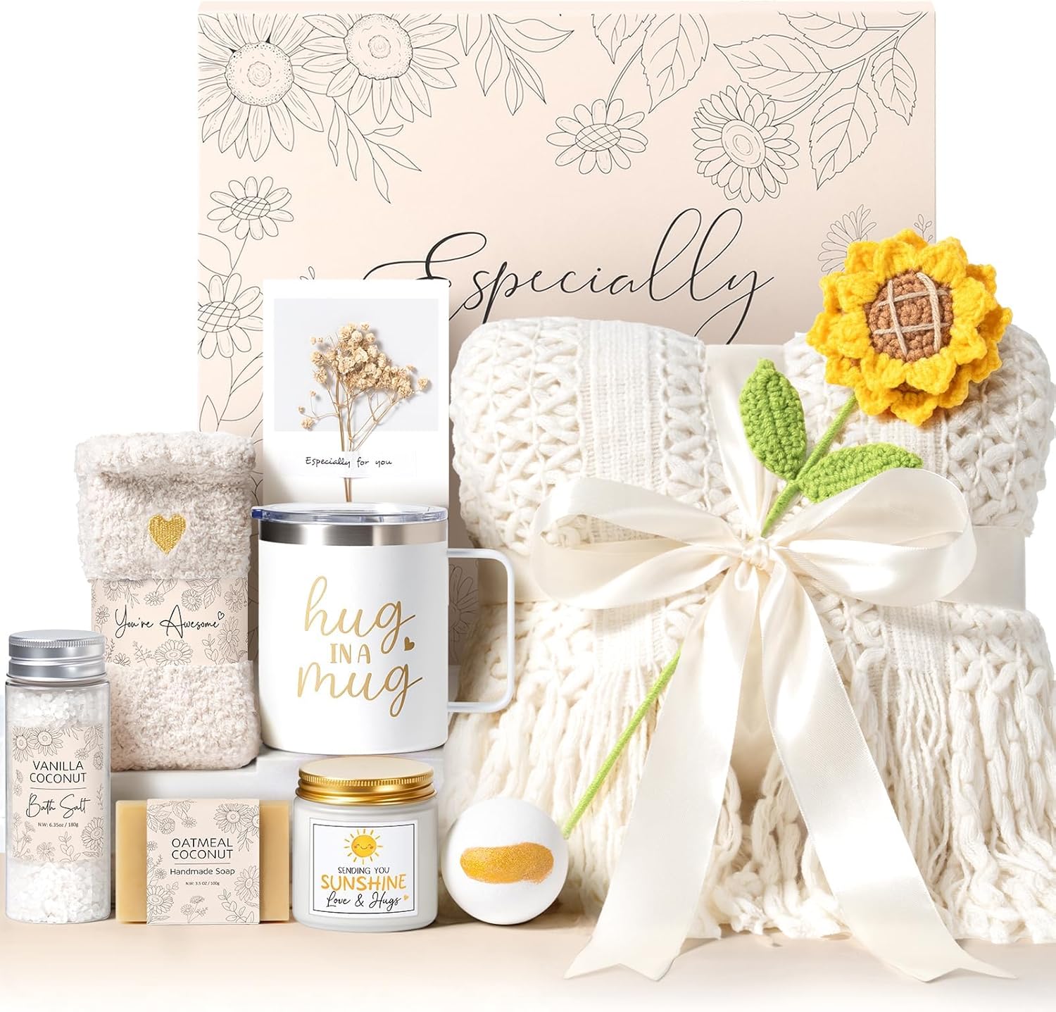 Birthday Gifts for Women Self Care Get Well Soon Gift Basket, Spa Care Package Thinking of You Sunflower Gifts, Sending Sunshine Box Unique Easter Gift for Women Mom Sister Wife Her Grandma Girlfriend