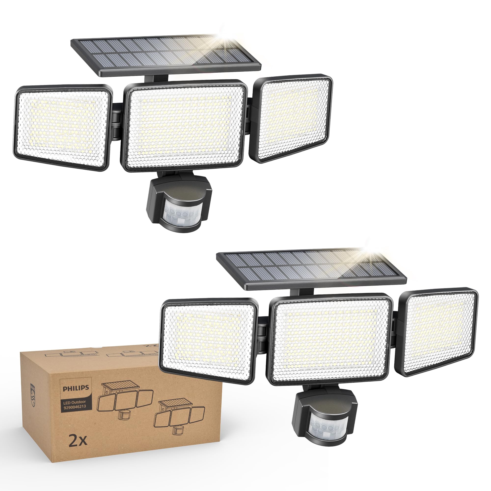Philips Solarlampen für Außen mit Bewegungsmelder, 302 LEDs 1200 Lumen, Solarbetriebene Wasserdichte Wandfluter, 3 Köpfe, IP65 Wasserdicht, 3 Modi (2 Stück)