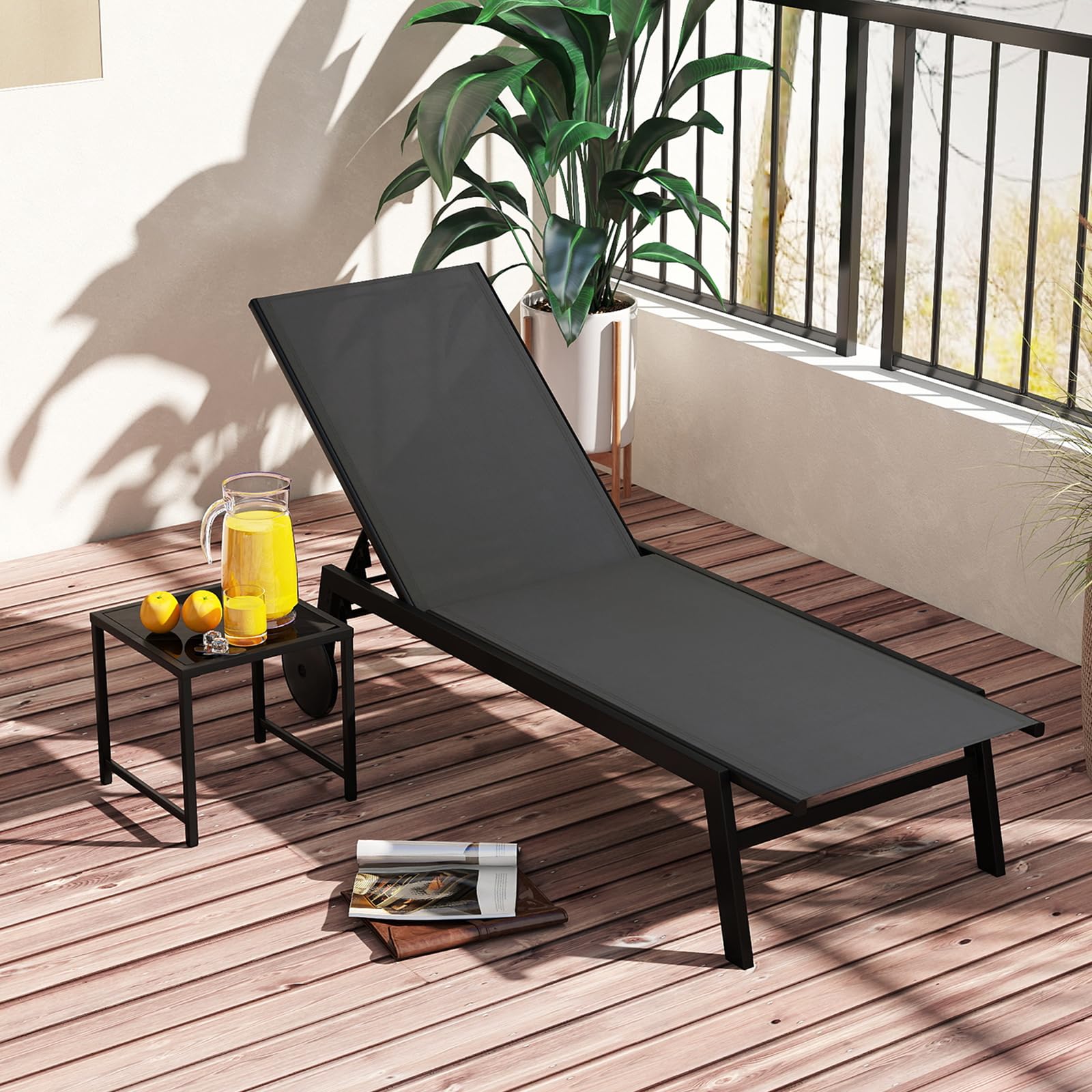 COSTWAY Lettino Prendisole da Giardino con Tavolino, Schienale Rgolabile 5 Livelli, 2 Ruoti, Sdraio da Patio in Tessuto Traspirante, per Piscina Terazza, Portata 150+50 kg (Grigio)