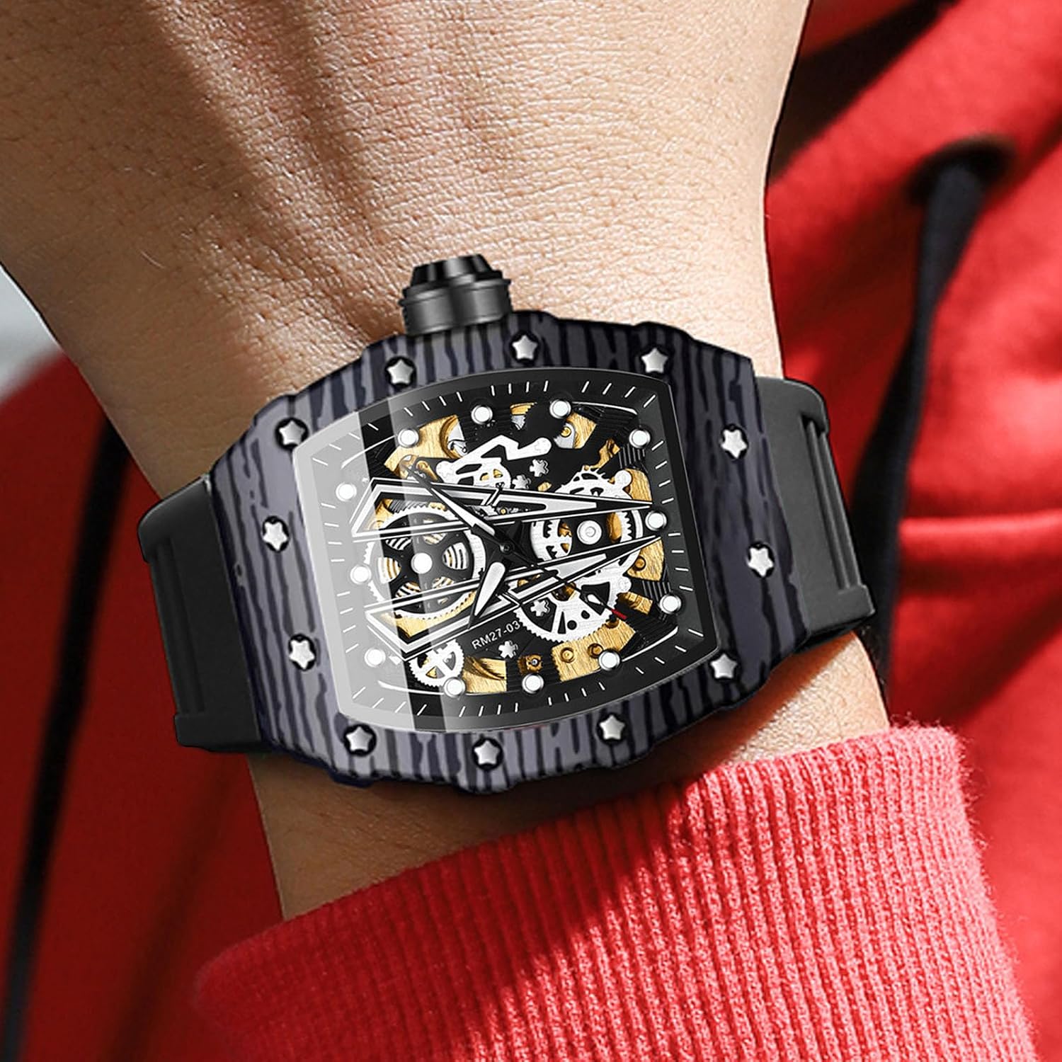 Skeleton Square Watches for Men, Barrel Big Face Sports Military Business Dress Rubber Strap Chronograph Luminous Waterproof Date Quartz Men Wrist Watch Relojes para Hombres