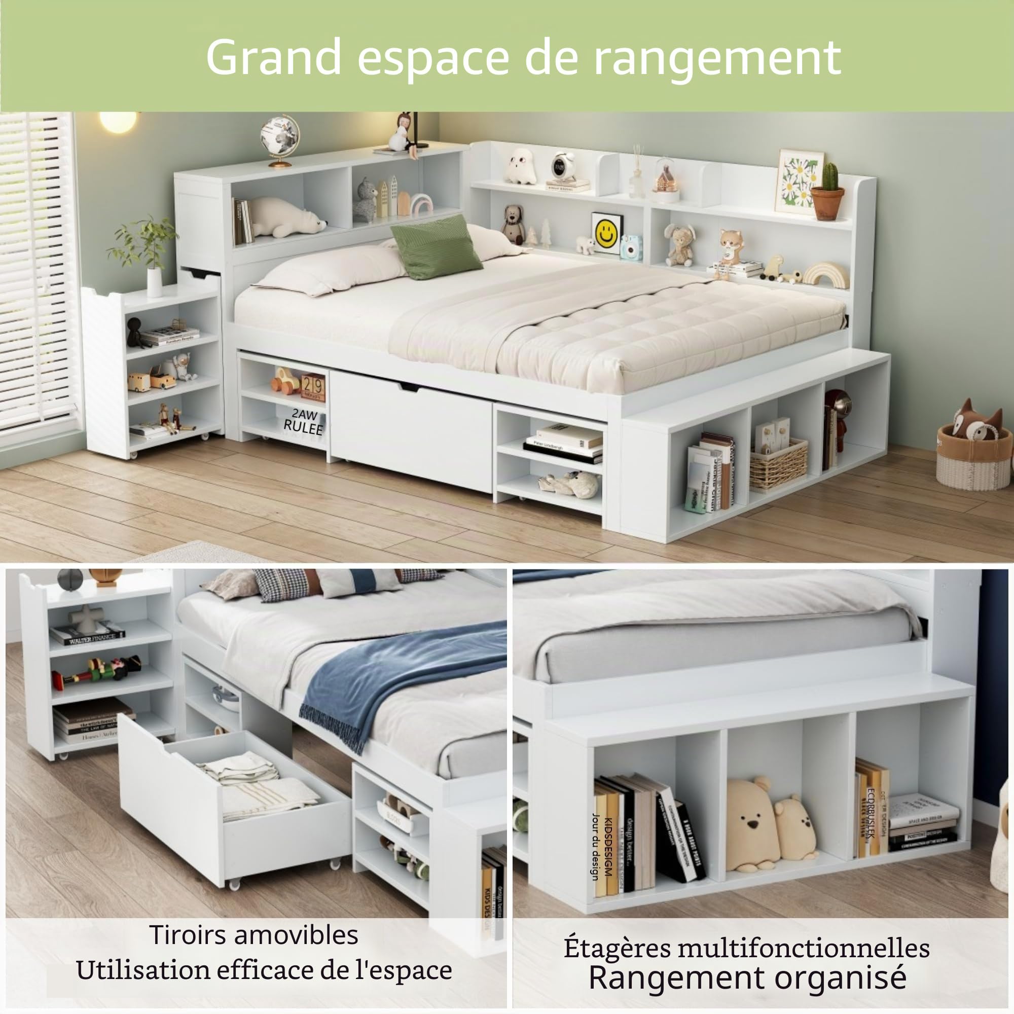 Zepneiy Lit Enfant 90x190 avec tiroirs et étagères, Lit Simple 90x200 multifonctionne avec Grand Espace de Rangement et sommier à Lattes, Crade de Blanc (sans Matelas)
