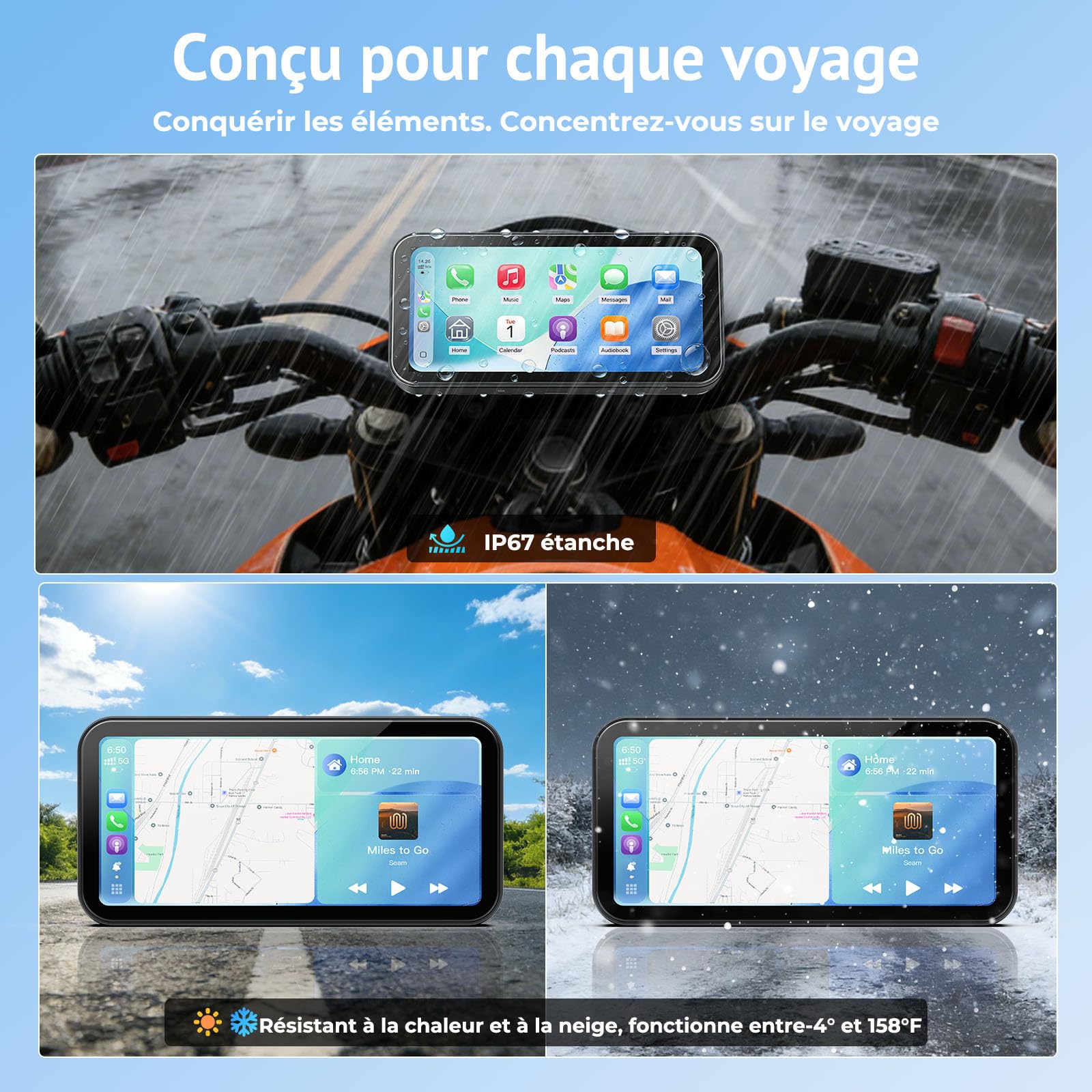 Écran Moto CarPlay sans Fil 6,25" Touchscreen, IP67 étanche,TPMS | Compatible avec Apple CarPlay & Android Auto,Navigation,Commande vocale,Dual Bluetooth,Alimentation USB/ACC
