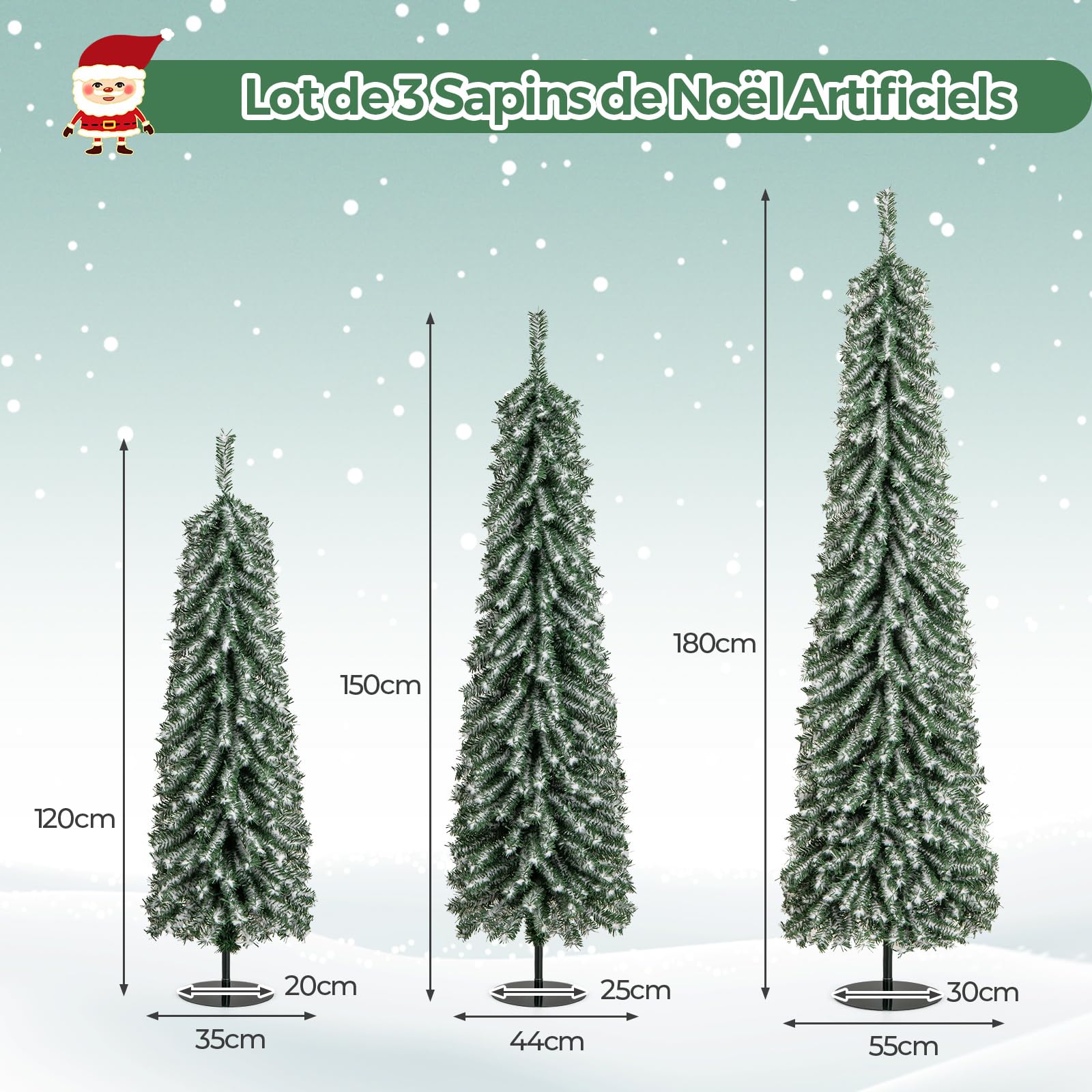 COSTWAY Lot de 3 Sapins de Noël Artificiels de 90 cm/120 cm/150 cm, Sapin de Noël Enneigé avec 129/231/369 Branches en PVC et 50/100/150 Lumières LED Blanc Chaud (Vert, 120+150+180 cm)