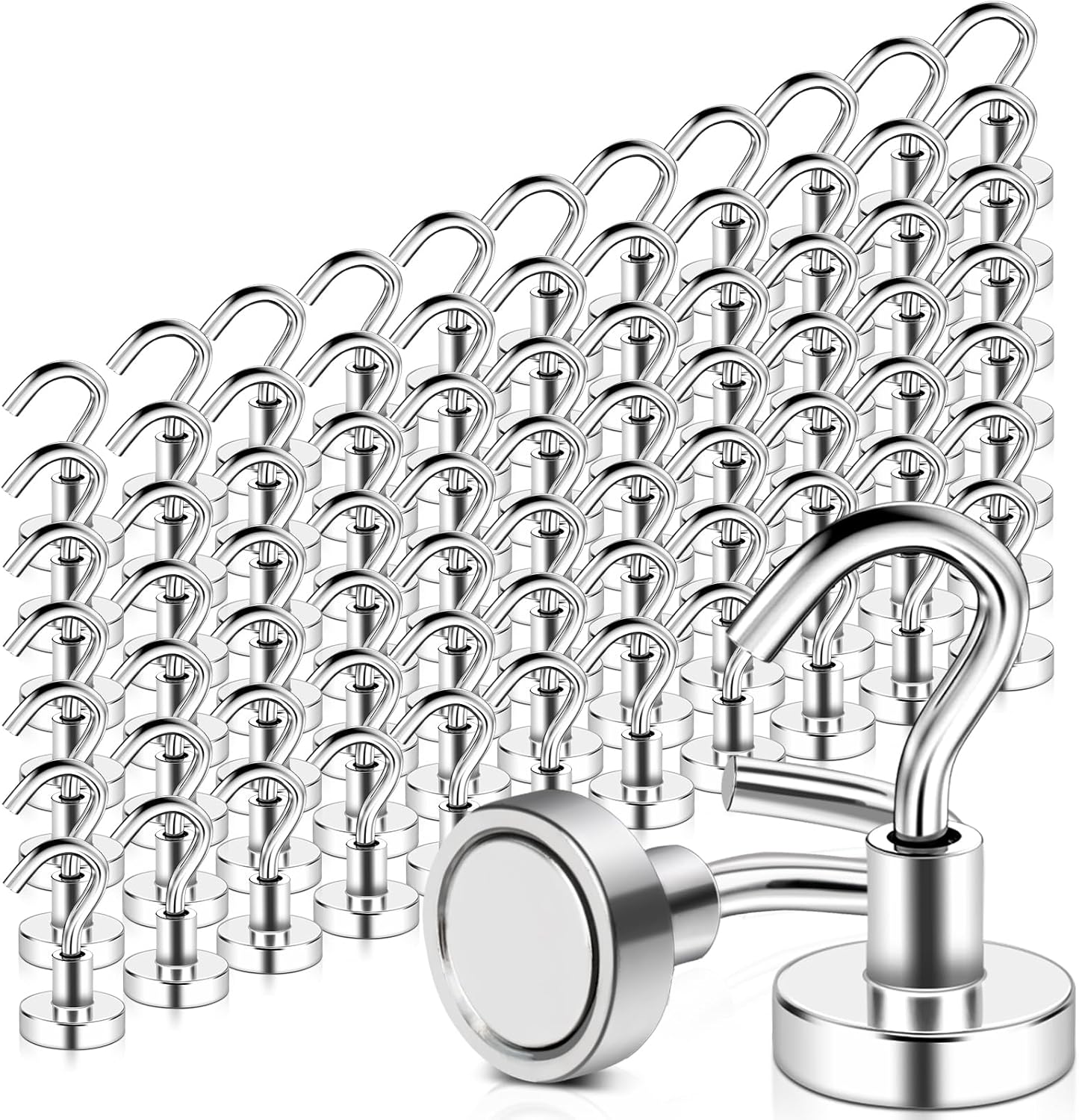 MAGXCENE 100 Pack Magnetic Hooks Heavy Duty 25 lbs Strong Rare Earth Magnet Hooks for Hanging, Refrigerator, Neodymium Magnets with Hooks for Grill Kitchen Tool Storage