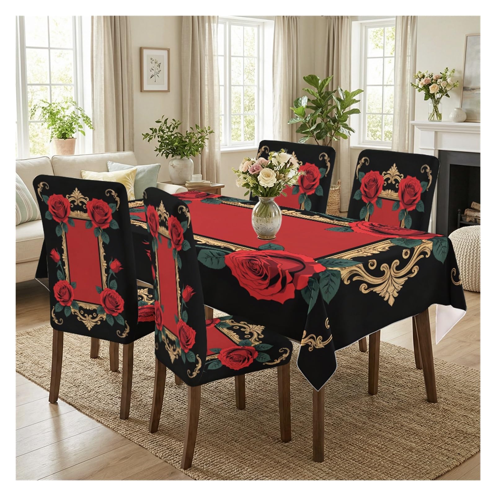 KXUAUV Black Red Rose Gold Ornate Print Stretch Dining Chair Covers Tablecloth Set, For Kitchen Dining Living Room Gothic Decor, 5/7 Pack Party Decor(5pcs Set: Tablecloth+Chair Covers)